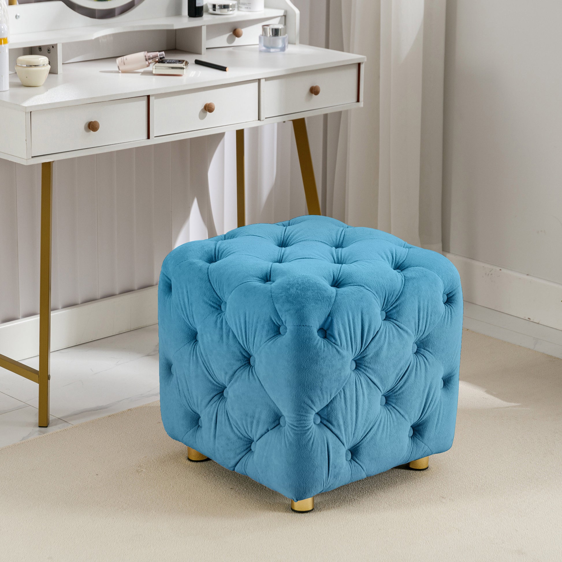 Blue Modern Velvet Upholstered Ottoman, Exquisite Small End Table, Soft Foot Stool,Dressing Makeup Chair, Comfortable Seat For Living Room, Bedroom, Entrance Blue Velvet