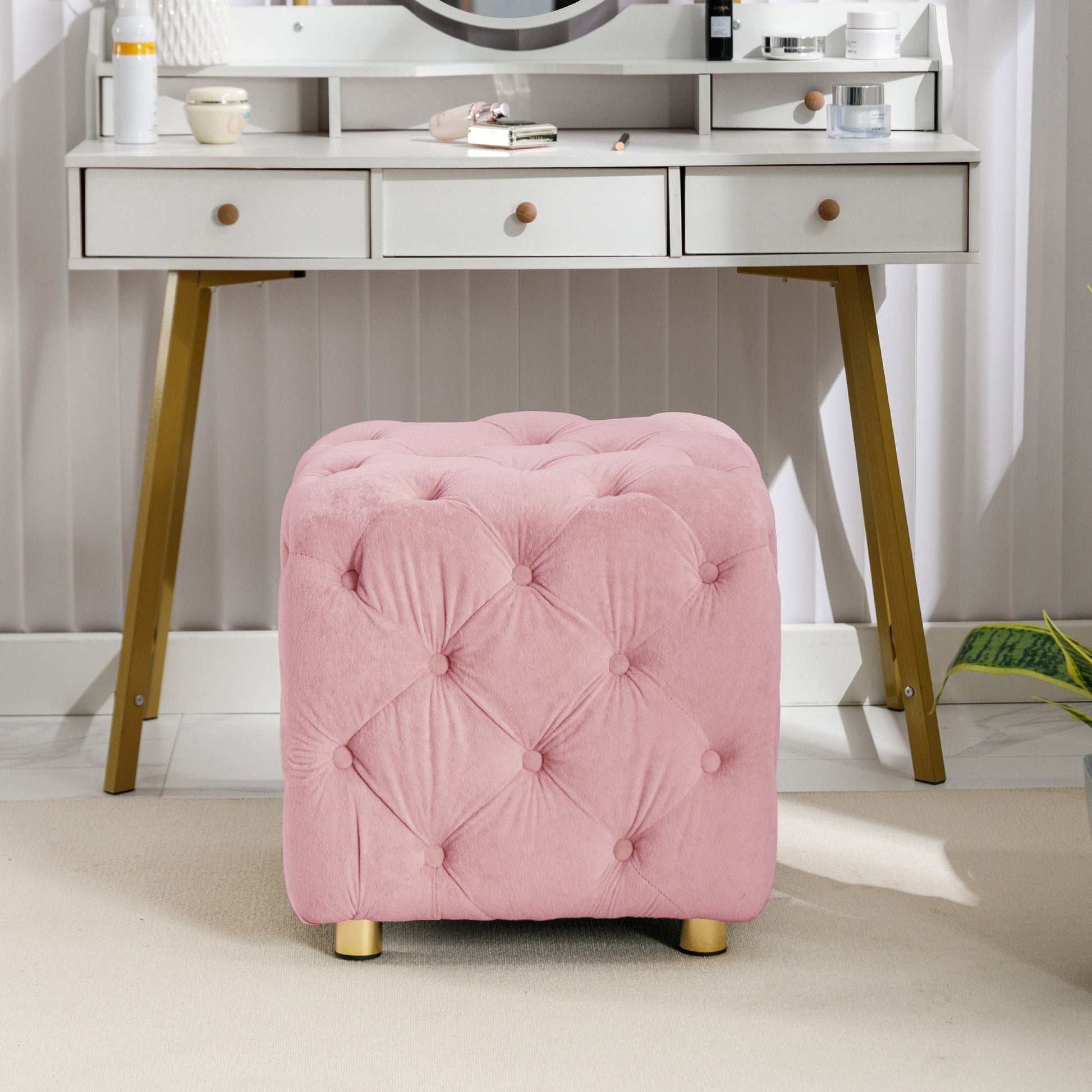 Pink Modern Velvet Upholstered Ottoman, Exquisite Small End Table, Soft Foot Stool,Dressing Makeup Chair, Comfortable Seat For Living Room, Bedroom, Entrance Pink Velvet