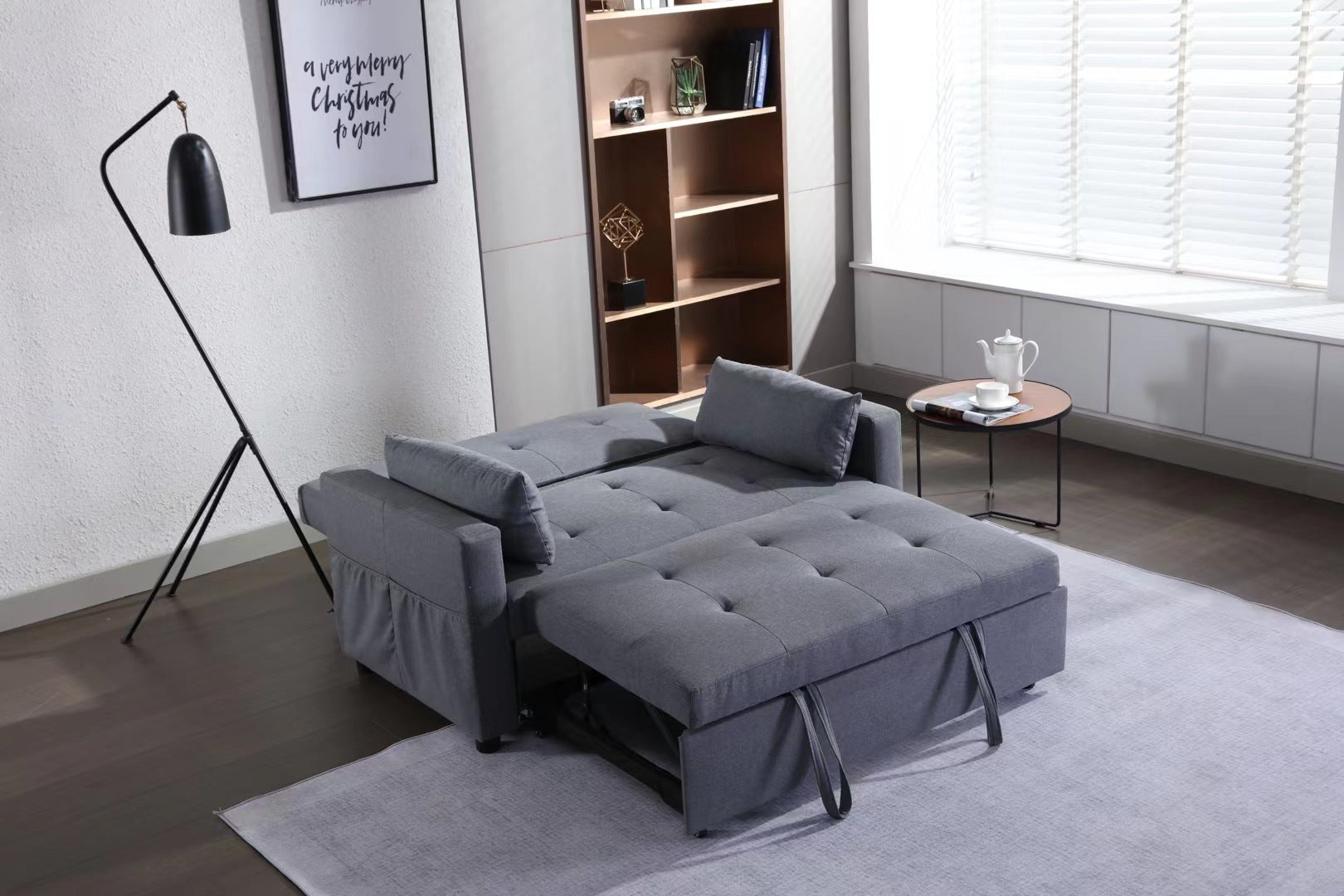 2 Seaters Slepper Sofa Bed.Dark Grey Linen Fabric 3 In 1 Convertible Sleeper Loveseat With Side Pocket. Dark Grey Linen