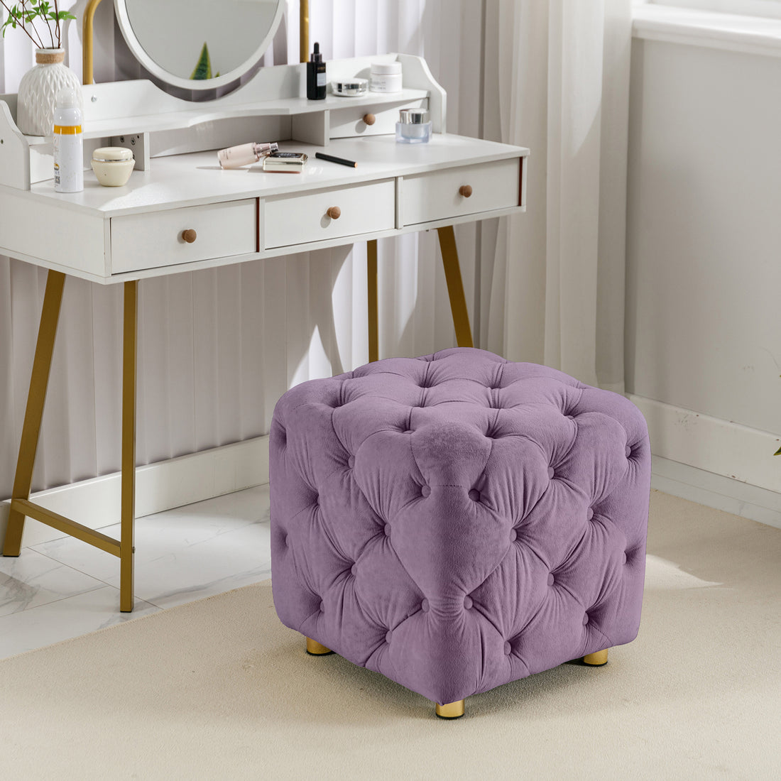 Purple Modern Velvet Upholstered Ottoman, Exquisite Small End Table, Soft Foot Stool,Dressing Makeup Chair, Comfortable Seat For Living Room, Bedroom, Entrance Purple Velvet