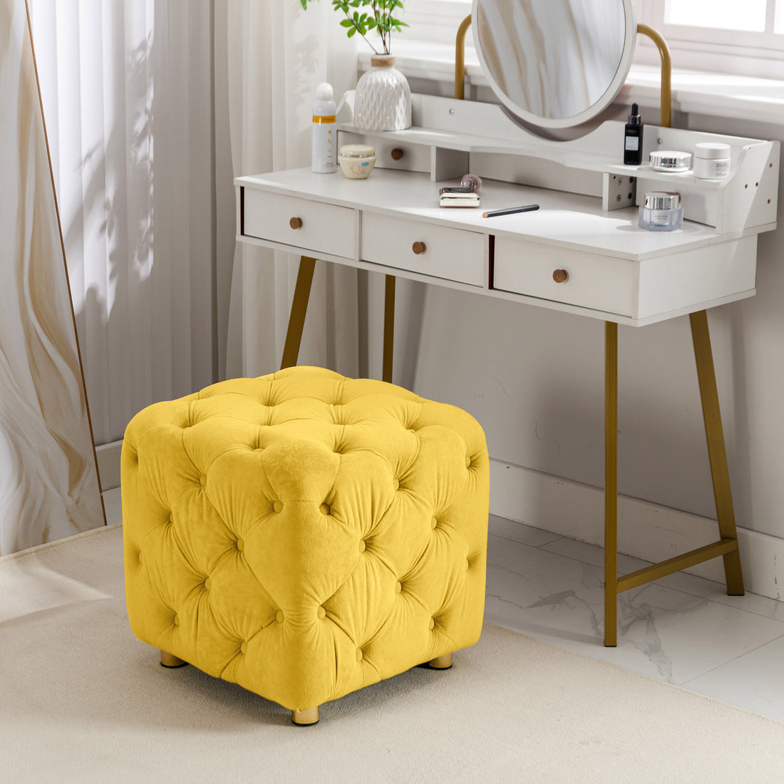 Yellow Modern Velvet Upholstered Ottoman, Exquisite Small End Table, Soft Foot Stool,Dressing Makeup Chair, Comfortable Seat For Living Room, Bedroom, Entrance Yellow Velvet