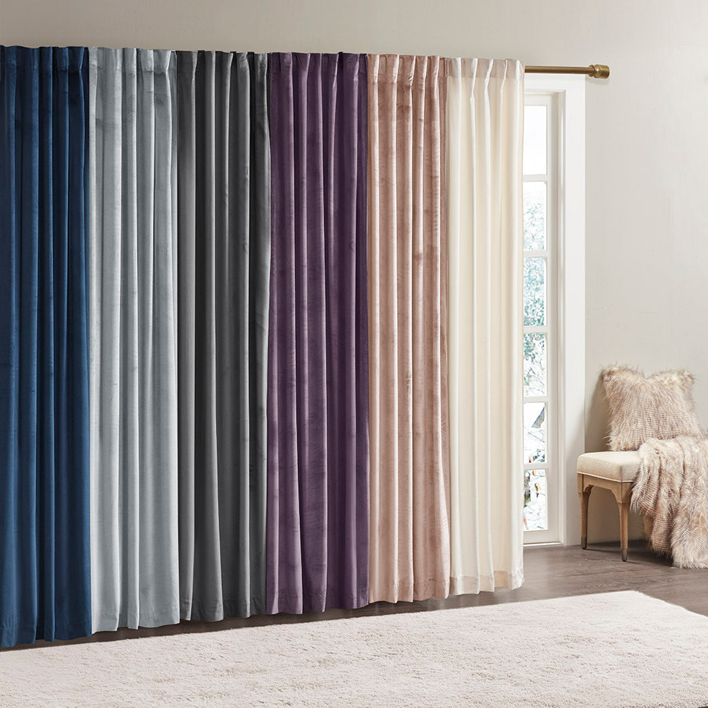 Room Darkening Poly Velvet Rod Pocket Back Tab Curtain Panel Pair 2 Pcs Window Panels Charcoal Polyester