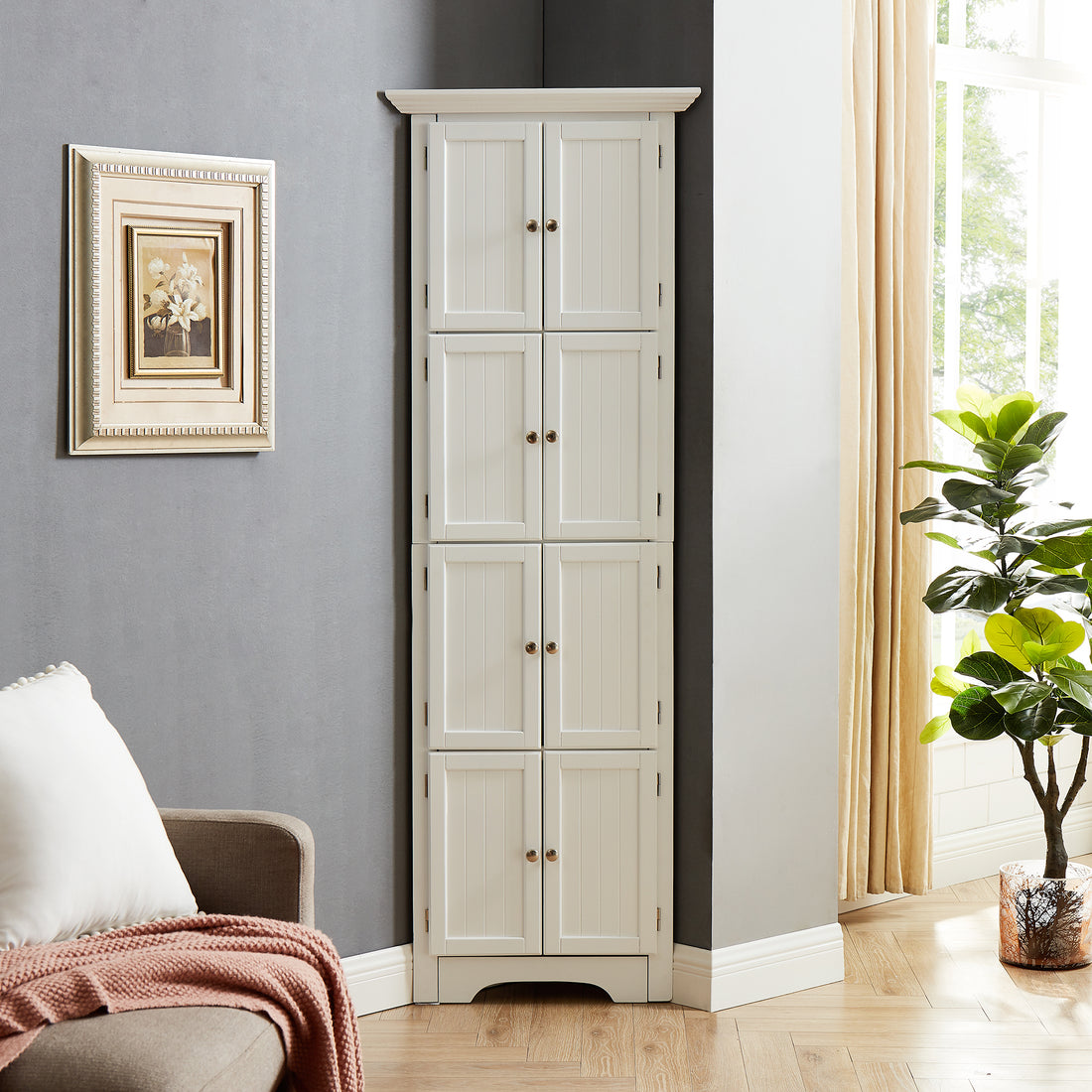 Tall Storage Cabinet With Doors And 4 Shelves For Living Room, Kitchen, Office, Bedroom, Bathroom, Modern, White White Mdf