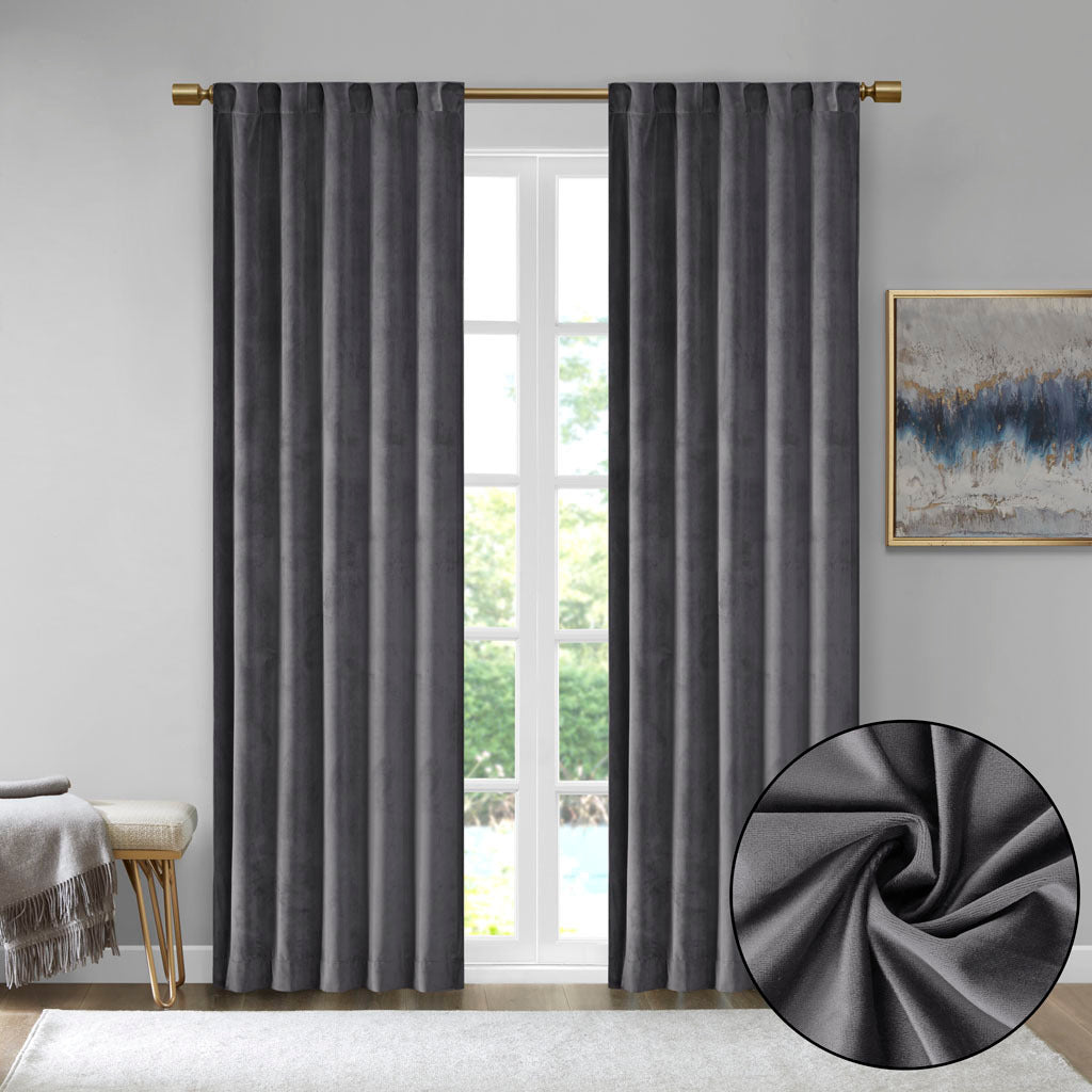 Room Darkening Poly Velvet Rod Pocket Back Tab Curtain Panel Pair 2 Pcs Window Panels Charcoal Polyester