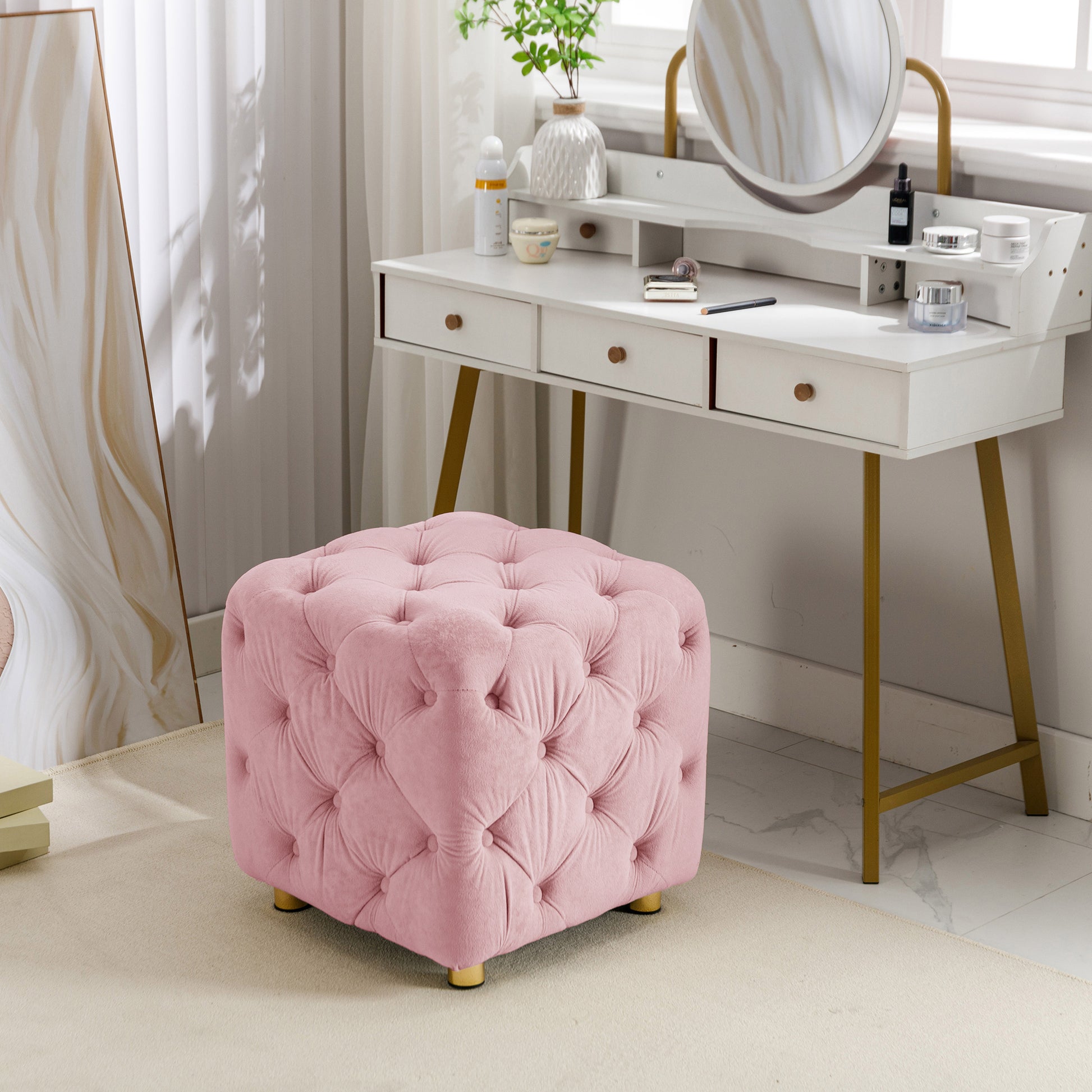 Pink Modern Velvet Upholstered Ottoman, Exquisite Small End Table, Soft Foot Stool,Dressing Makeup Chair, Comfortable Seat For Living Room, Bedroom, Entrance Pink Velvet