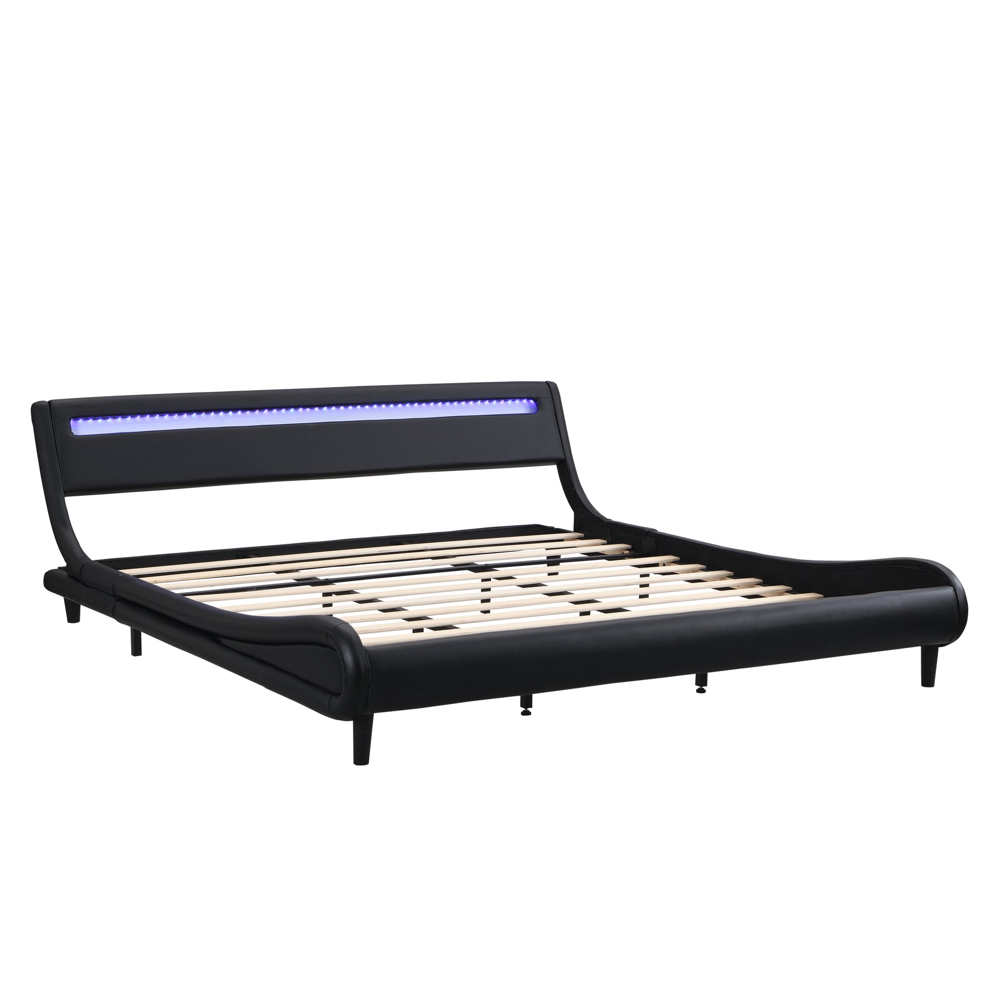 Modern Upholstered Platform Bed Frame With Led Lights Headboard, Faux Leather Wave Like Platform Bed Frame,Strong Wood Slats Support, Easy Assembly, Black, King Size Black Metal & Wood