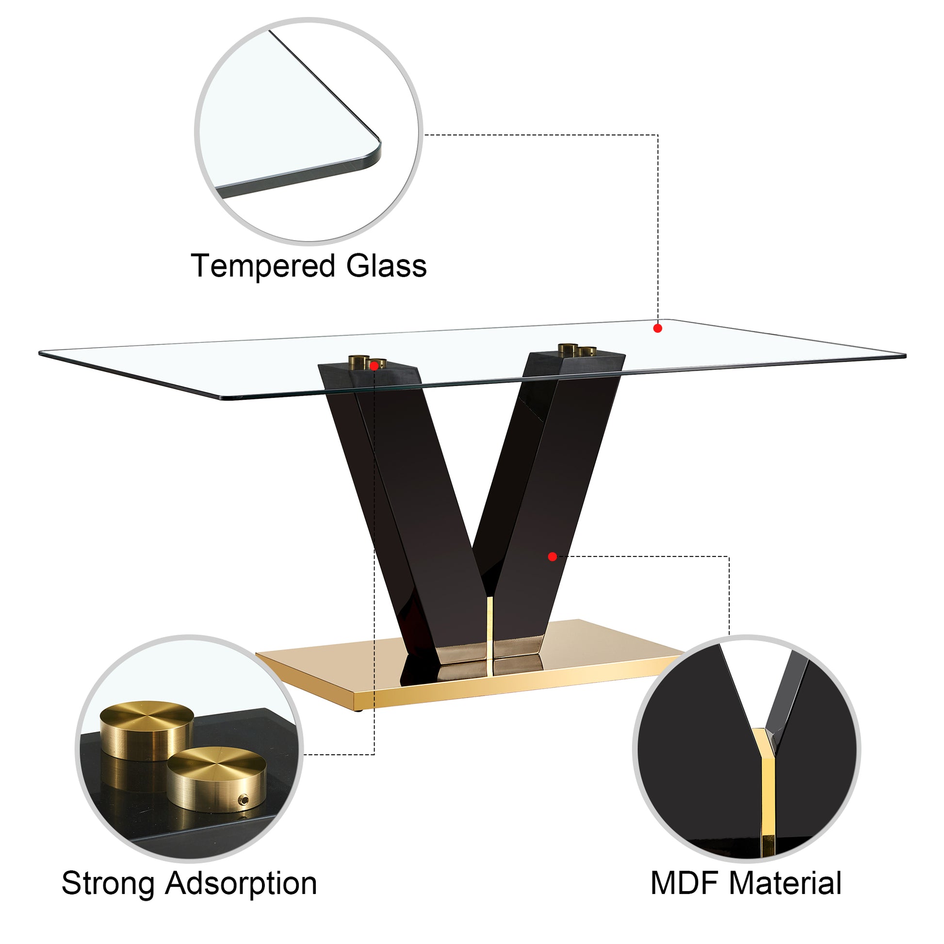 Large Modern Minimalist Rectangular Glass Dining Table For 6 8 With 0.4" Tempered Glass Tabletop And Mdf Slab V Shaped Bracket And Metal Base,For Kitchen Dining Living Meeting Room Banquet Hall F V