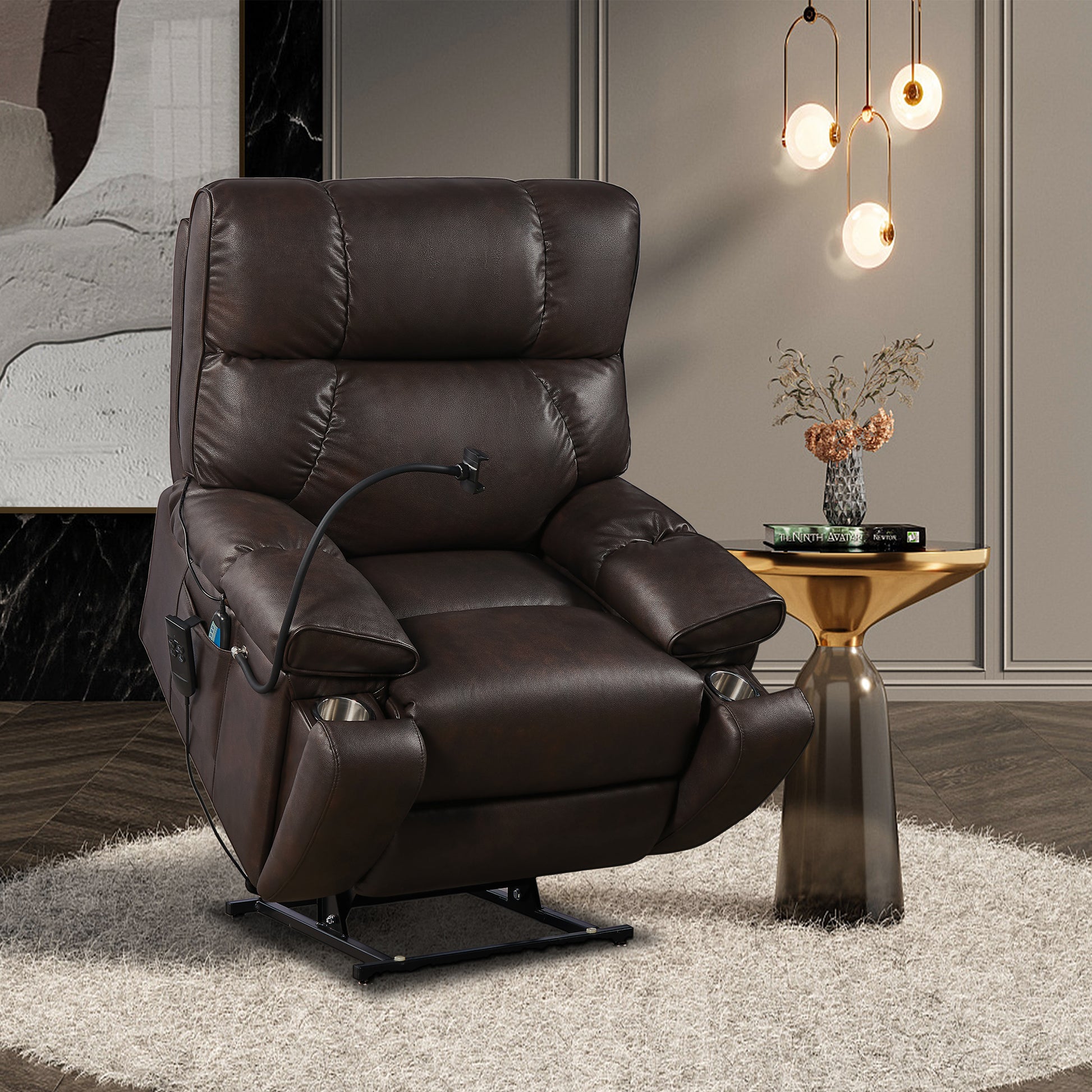 Recliner Chair With Phone Holder,Electric Power Lift Recliner Chair With 2 Motors Massage And Heat For Elderly, 3 Positions, 2 Side Pockets, Cup Holders Brown Faux Leather Power Remote Metal Primary Living Space American Design Eucalyptus Foam Bonded