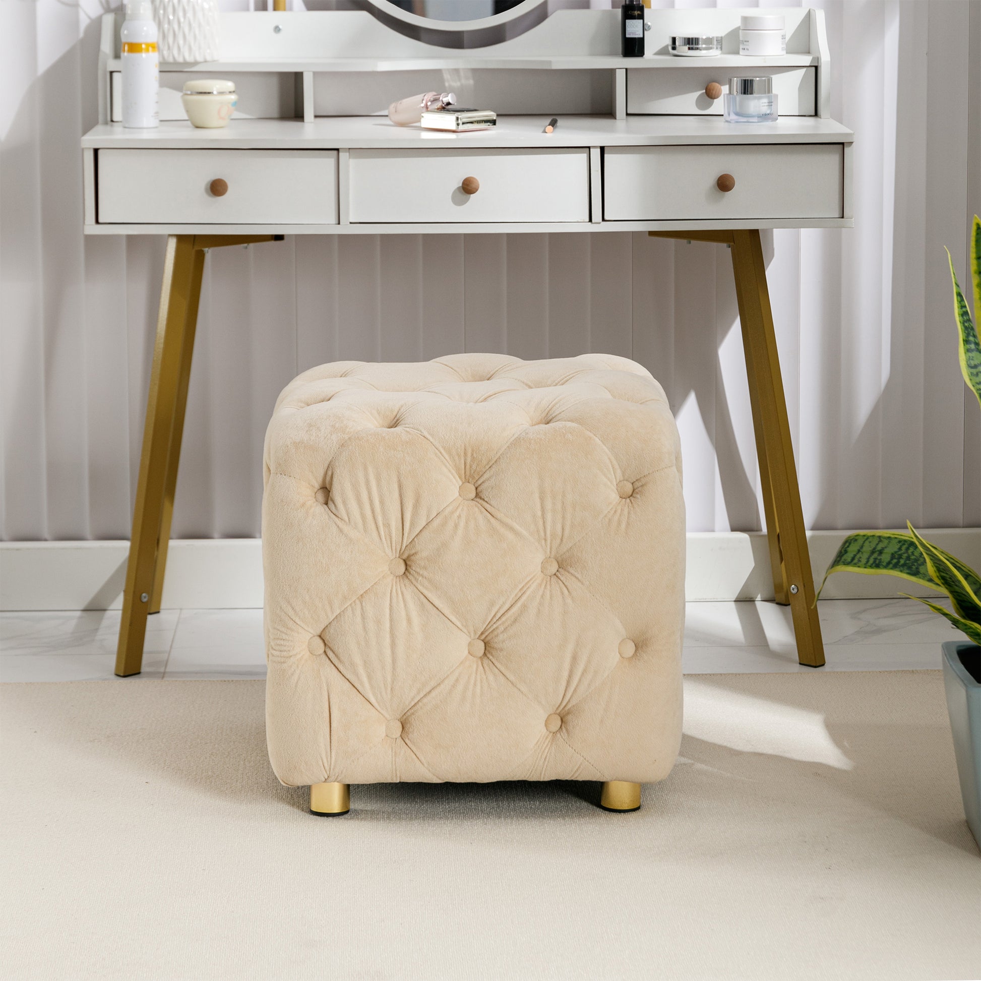 Beige Modern Velvet Upholstered Ottoman, Exquisite Small End Table, Soft Foot Stool,Dressing Makeup Chair, Comfortable Seat For Living Room, Bedroom, Entrance Beige Velvet