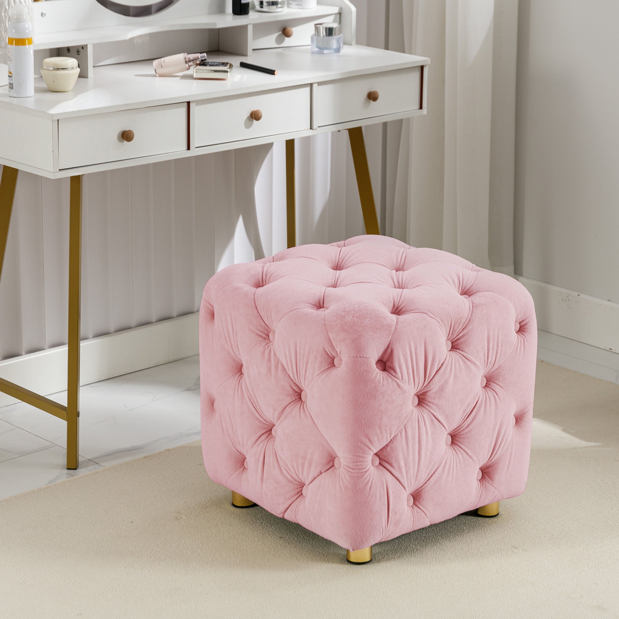 Pink Modern Velvet Upholstered Ottoman, Exquisite Small End Table, Soft Foot Stool,Dressing Makeup Chair, Comfortable Seat For Living Room, Bedroom, Entrance Pink Velvet