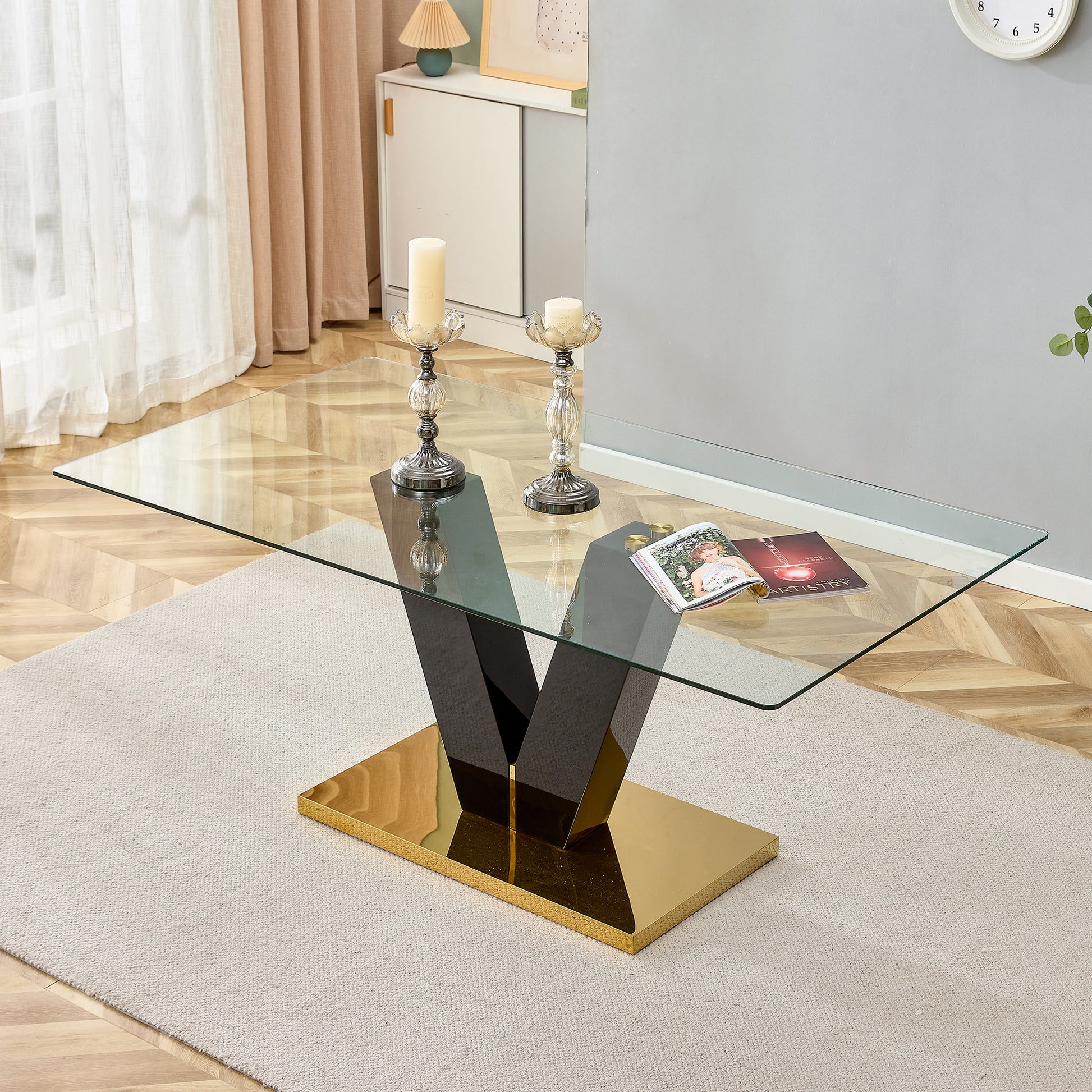 Large Modern Minimalist Rectangular Glass Dining Table For 6 8 With 0.4" Tempered Glass Tabletop And Mdf Slab V Shaped Bracket And Metal Base,For Kitchen Dining Living Meeting Room Banquet Hall F V