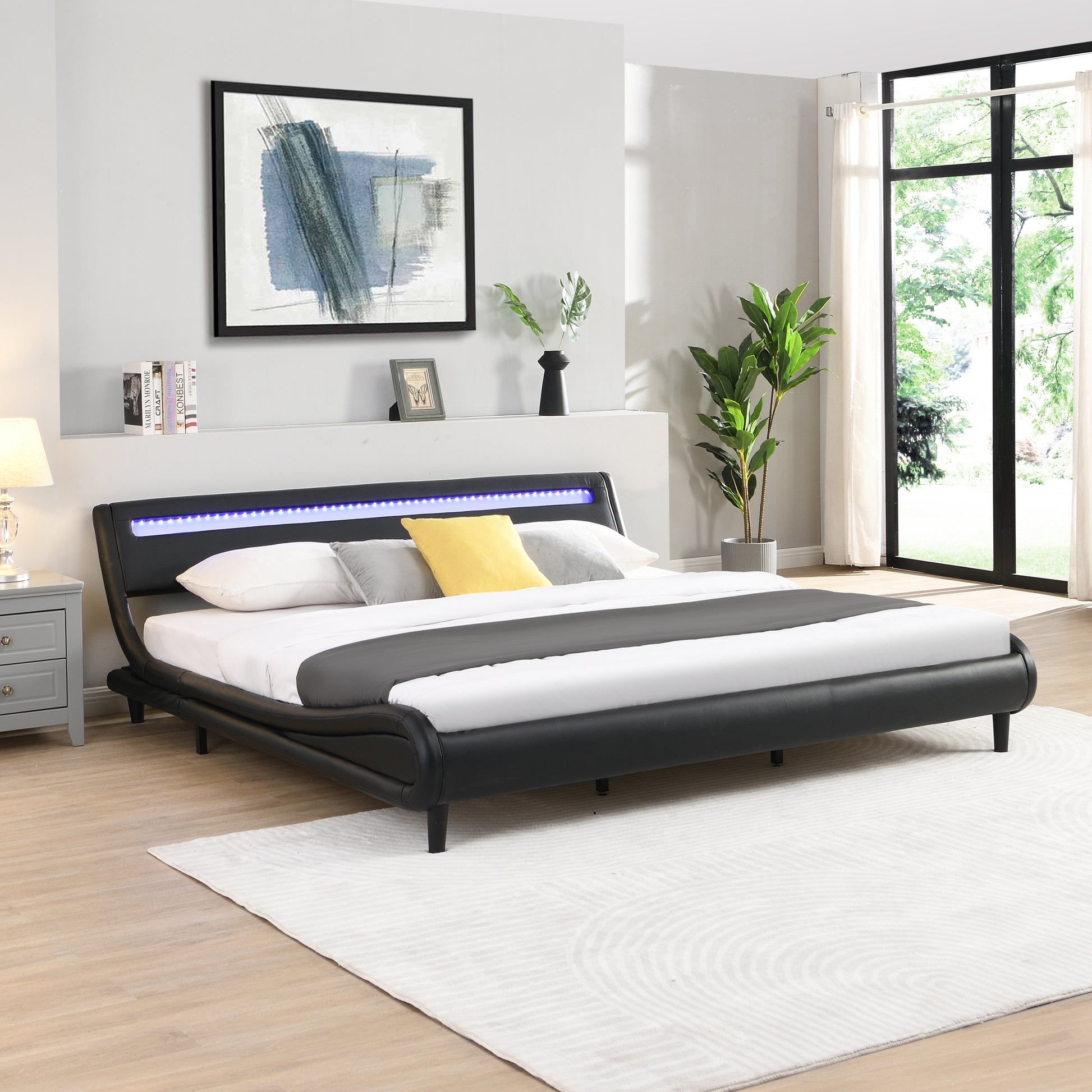 Modern Upholstered Platform Bed Frame With Led Lights Headboard, Faux Leather Wave Like Platform Bed Frame,Strong Wood Slats Support, Easy Assembly, Black, King Size Black Metal & Wood
