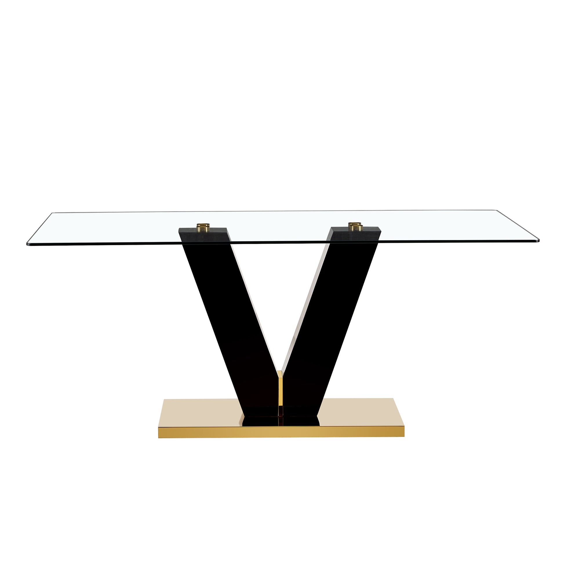 Large Modern Minimalist Rectangular Glass Dining Table For 6 8 With 0.4" Tempered Glass Tabletop And Mdf Slab V Shaped Bracket And Metal Base,For Kitchen Dining Living Meeting Room Banquet Hall F V