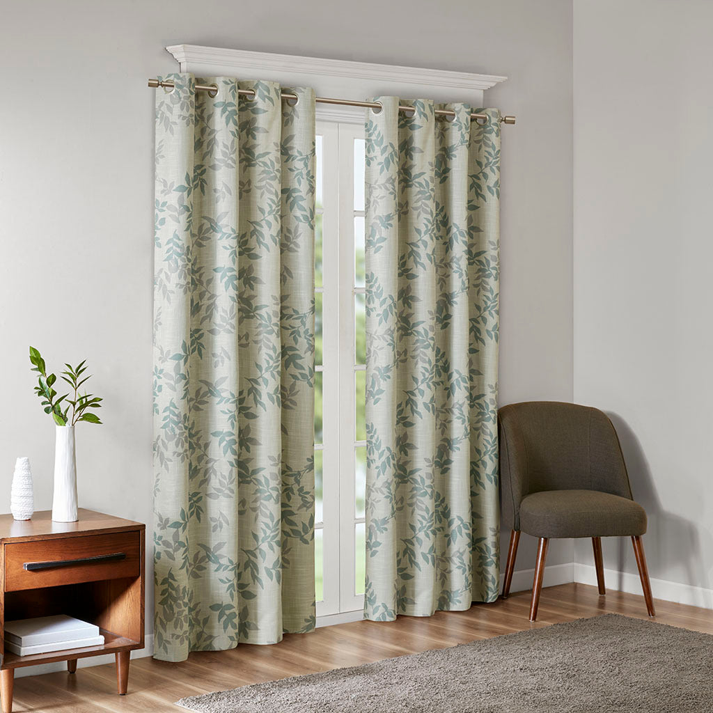 Printed Botanical Blackout Curtain Panel Aqua Polyester