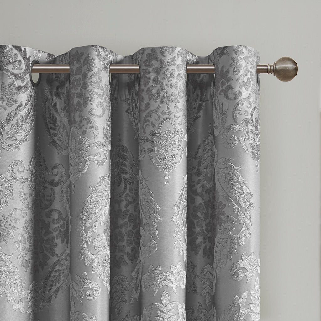 Knitted Jacquard Paisley Total Blackout Grommet Top Curtain Panel Only 1 Pc Panel Grey Polyester