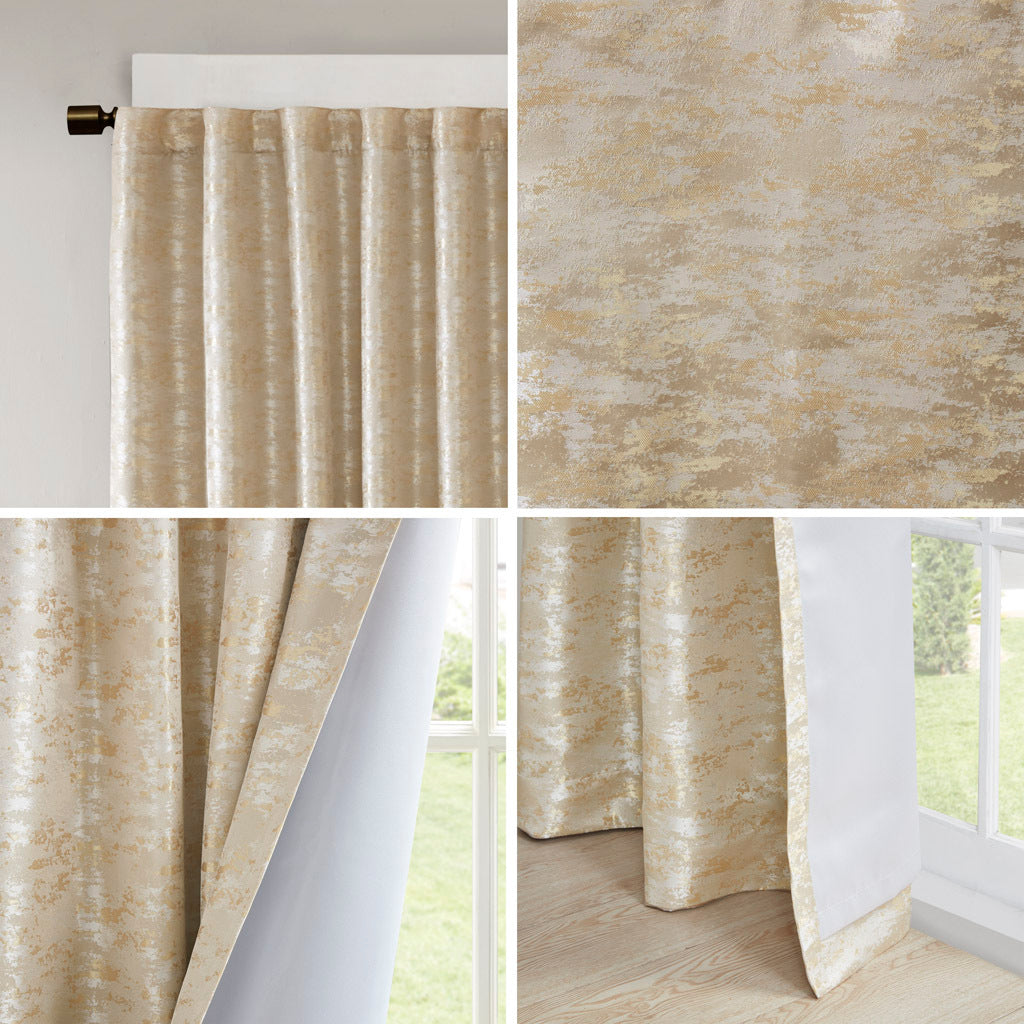 Jacquard Lined Total Blackout Rod Pocket Back Tab Curtain Panel Only 1 Pc Panel Gold Polyester