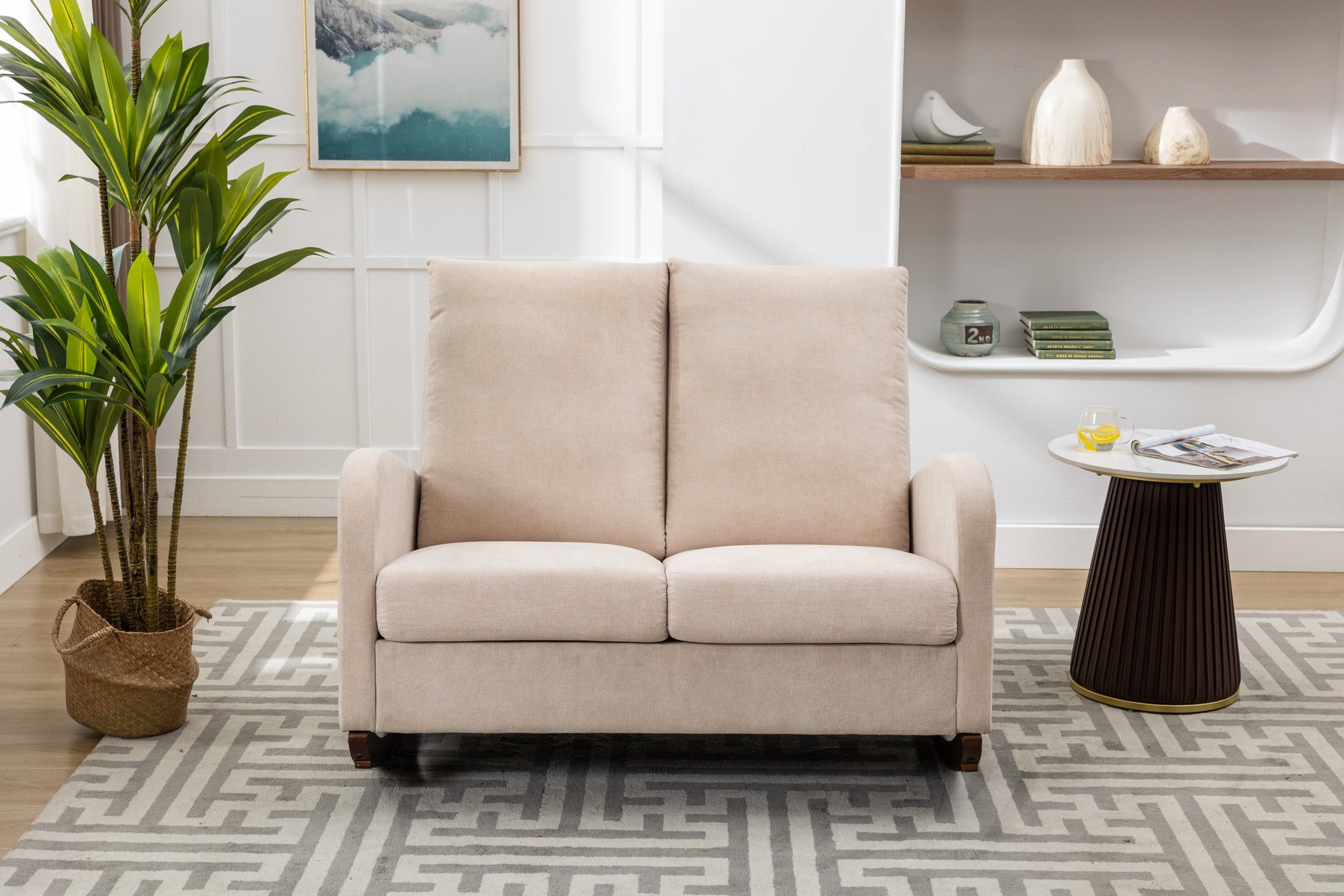 Coolmore Rocking Chair Upholstered Mid Century Modern Rocker Oversized Wingback Armchair For Living Room Beige Linen