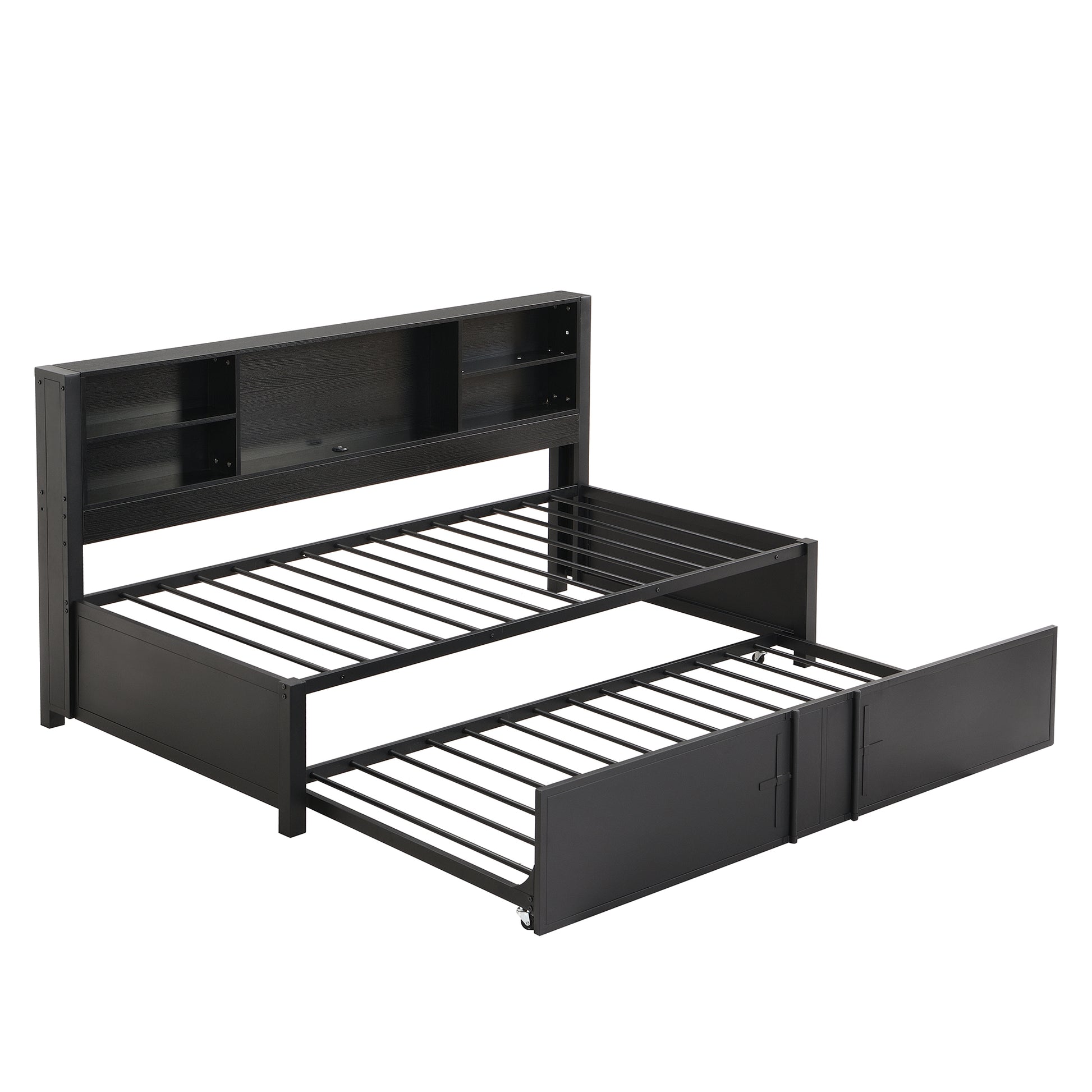 Metal Twin Size Daybed With Twin Size Trundle, Storage Shelves And Usb Ports, Black Box Spring Not Required Twin Black Metal Bed Frame Metal & Wood