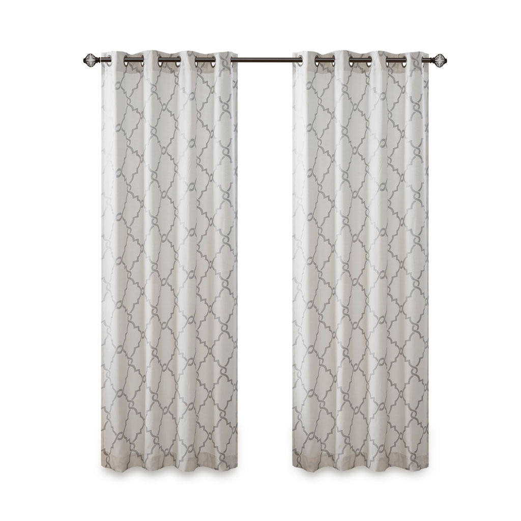 Fretwork Print Grommet Top Window Curtain Panel Only 1 Pc Panel Ivory Grey Polyester