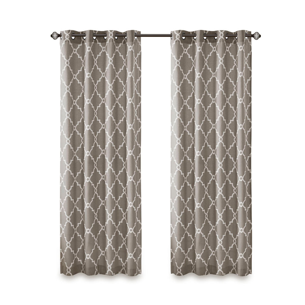 Fretwork Print Grommet Top Window Curtain Panel Only 1 Pc Panel Grey White Polyester