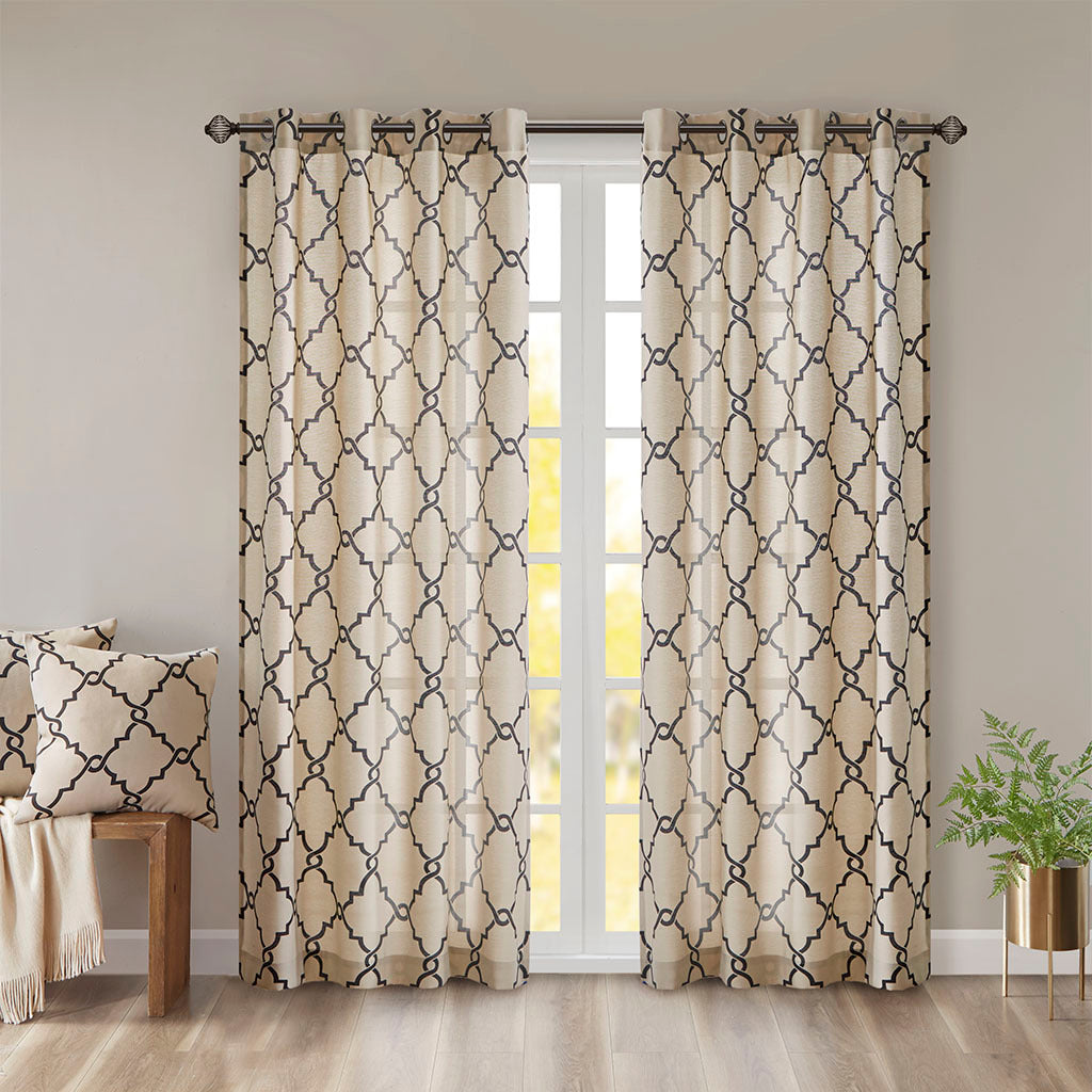 Fretwork Print Grommet Top Window Curtain Panel Only 1 Pc Panel Khaki Black Polyester