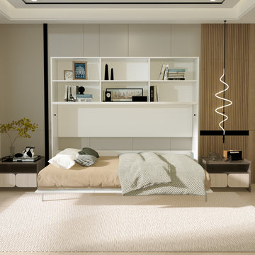 Mordern Design Twin Size Horizontal Murphy Bed With Shelf Storage For Bedroom Or Guestroom White Wall Bed Space Saving Hidden Bed With Style Gas Struts Box Spring Not Required Twin White Metal White Bedroom American Design,Cute,European,Modern Murphy