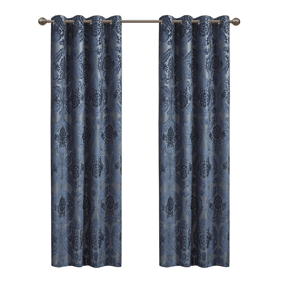 Knitted Jacquard Paisley Total Blackout Grommet Top Curtain Panel Only 1 Pc Panel Navy Polyester