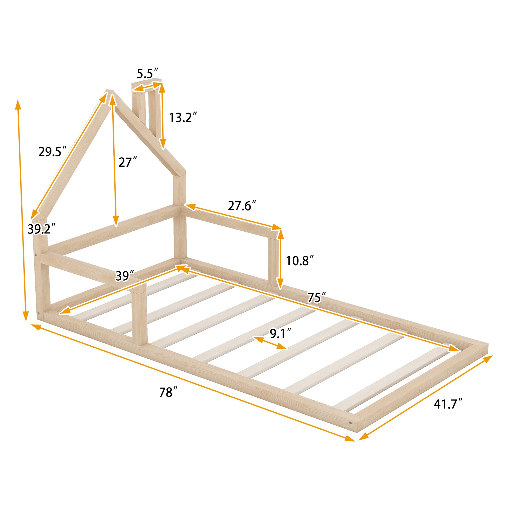 Twin Size Wood Floor Bed With House Shaped Headboard, Natural Box Spring Not Required Twin Natural Wood Bedroom Pine Bed Frame Solid Wood Mdf