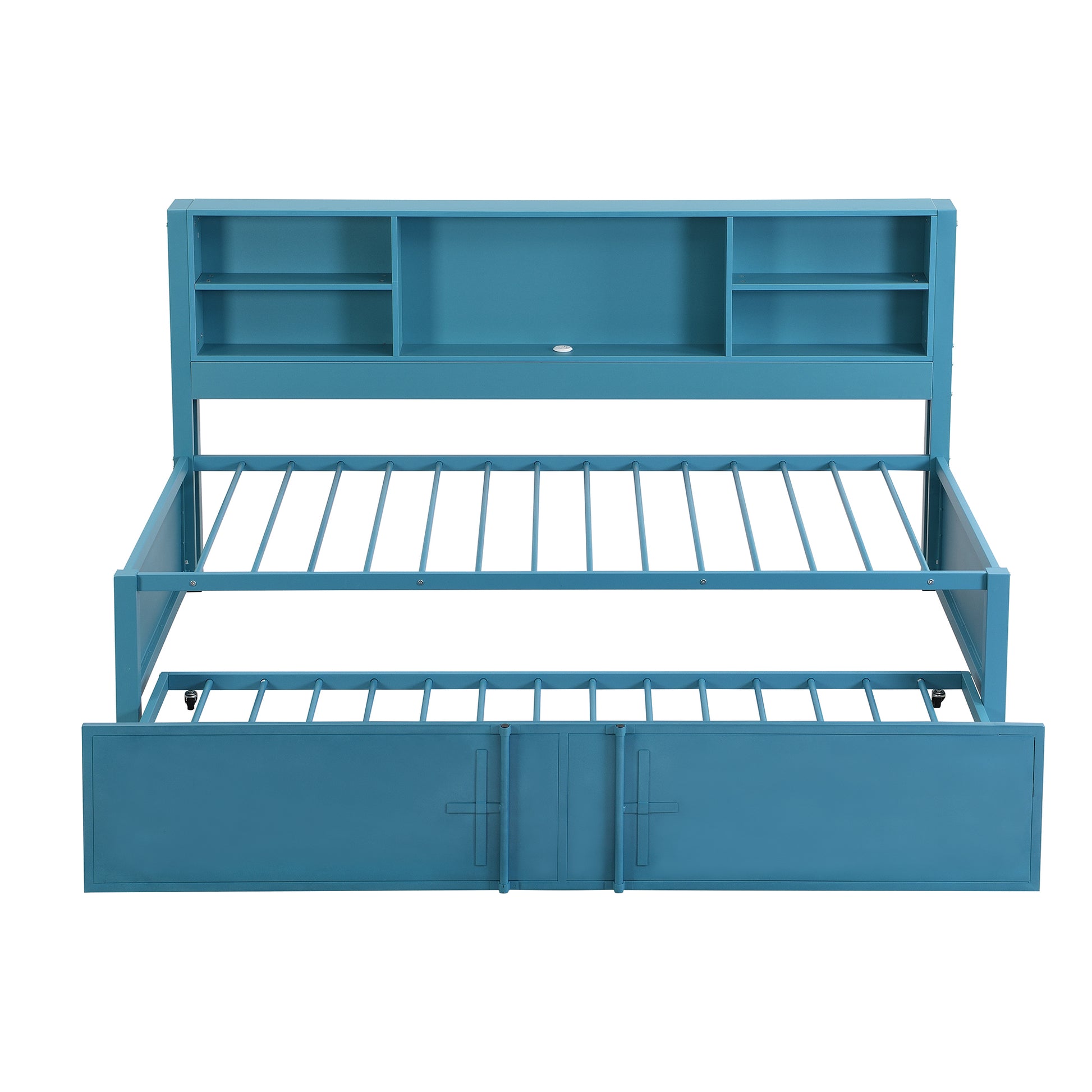 Metal Twin Size Daybed With Twin Size Trundle, Storage Shelves And Usb Ports, Blue Box Spring Not Required Twin Blue Metal Bed Frame Metal & Wood