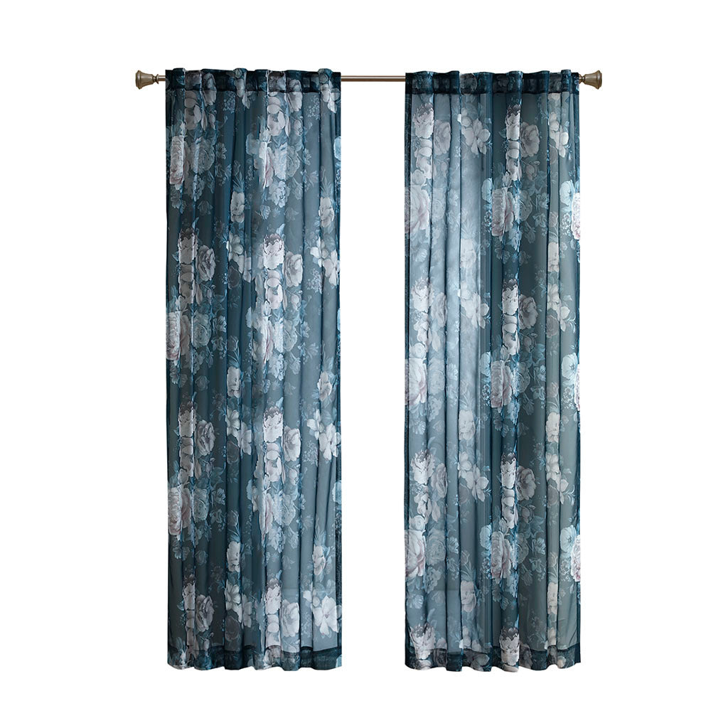 Printed Floral Rod Pocket And Back Tab Voile Sheer Curtain Navy Polyester