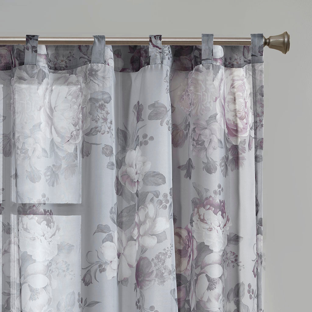 Printed Floral Rod Pocket And Back Tab Voile Sheer Curtain Only 1 Pc Panel Grey Polyester