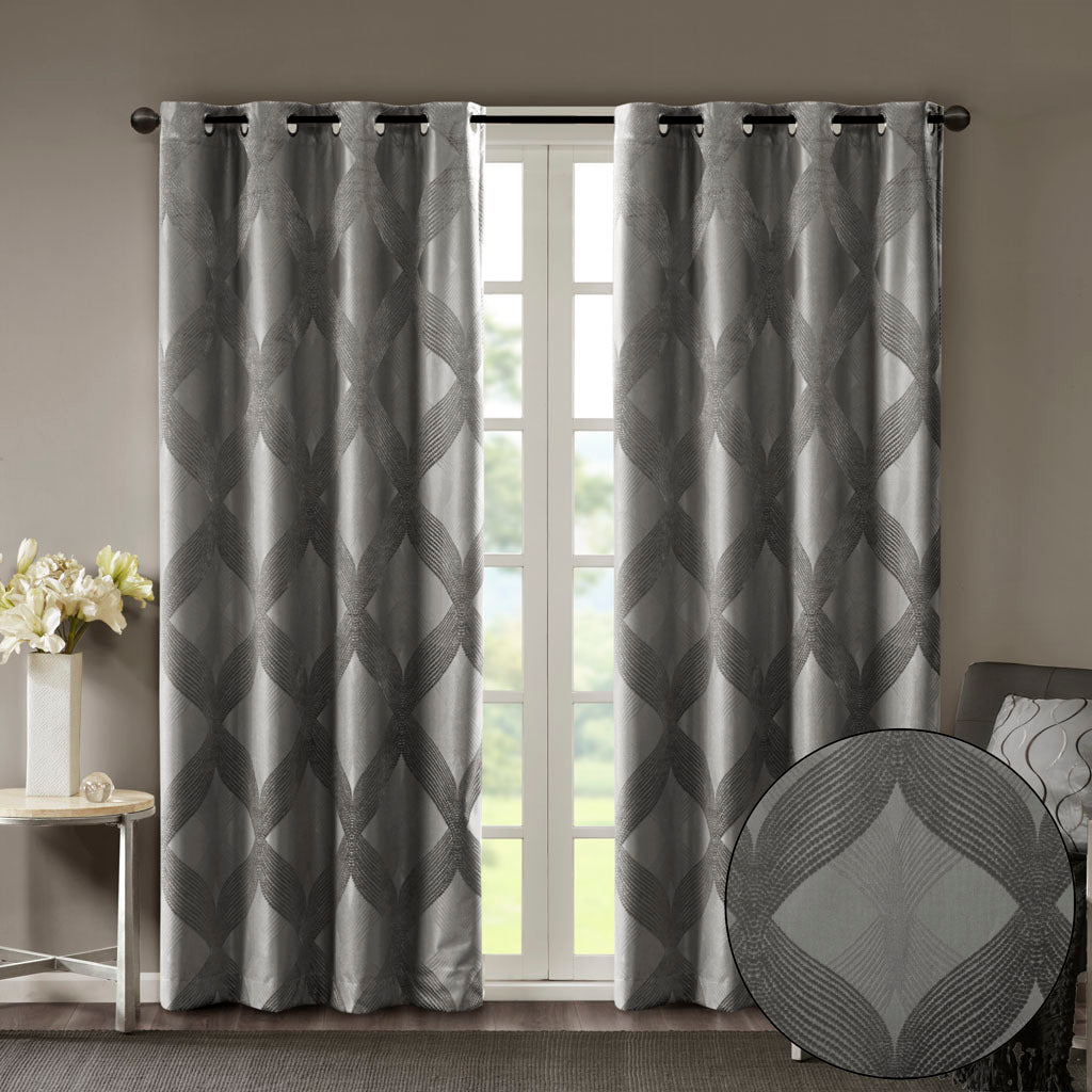 Ogee Knitted Jacquard Total Blackout Curtain Panel Only 1 Pc Panel Charcoal Polyester