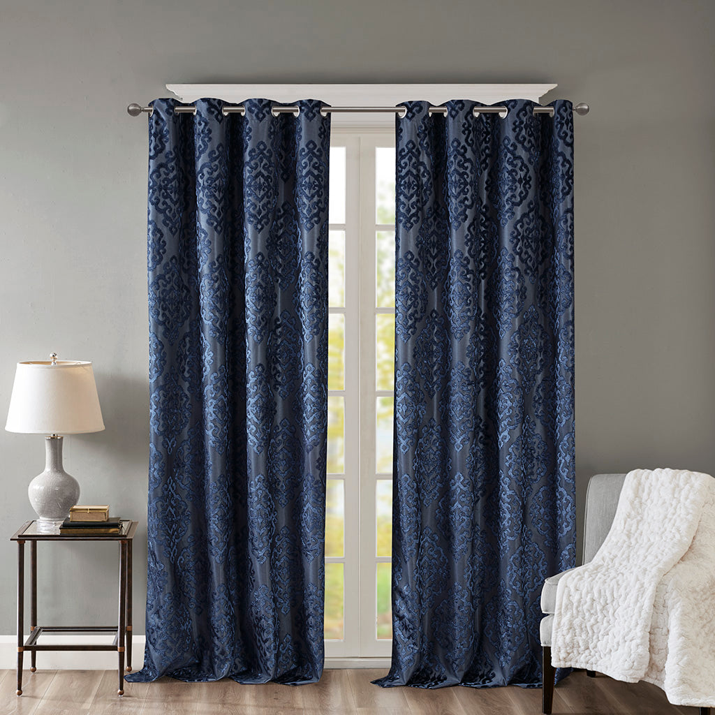 Knitted Jacquard Da Total Blackout Grommet Top Curtain Panel Only 1 Pc Panel Navy Polyester