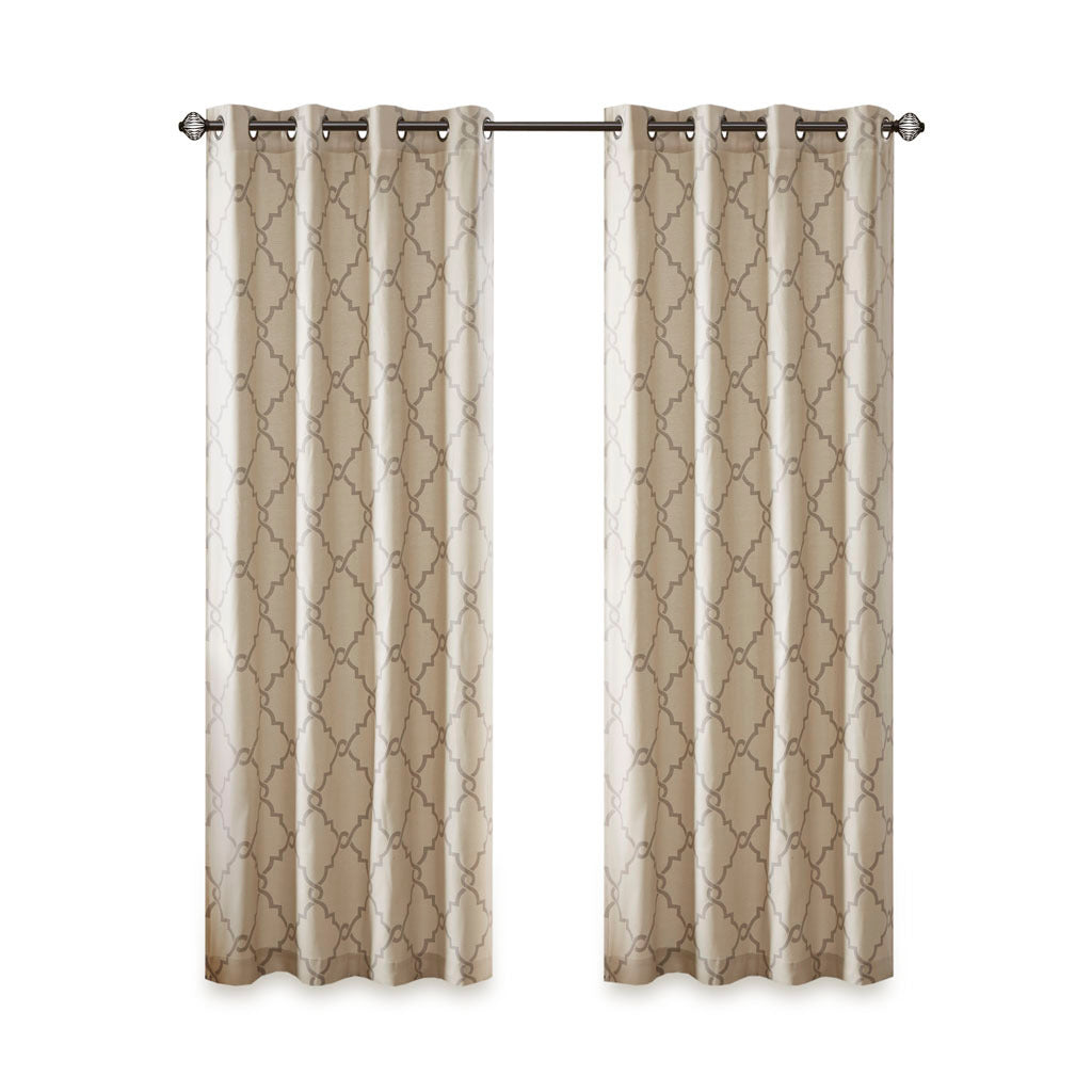 Fretwork Print Grommet Top Window Curtain Panel Only 1 Pc Panel Beige Grey Polyester