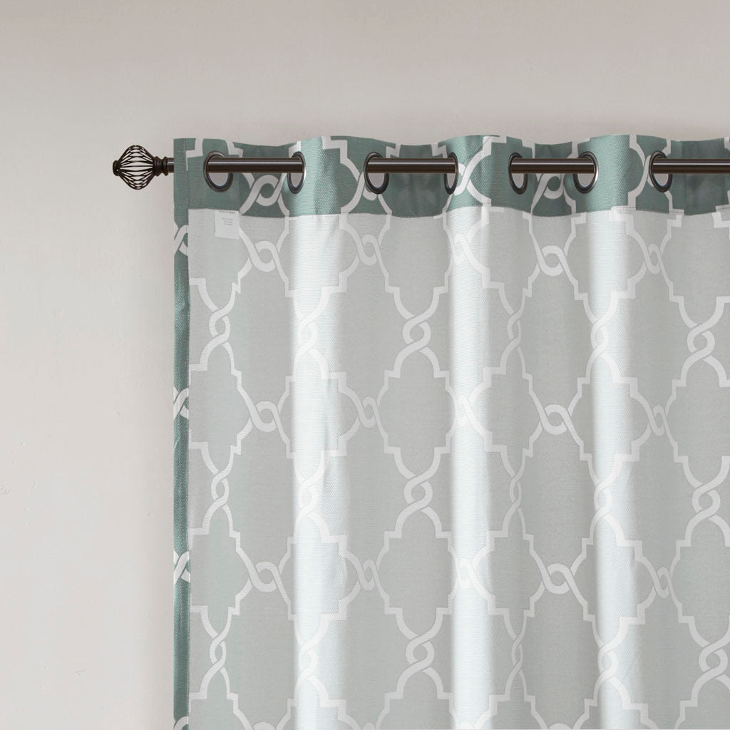 Fretwork Print Grommet Top Window Curtain Panel Only 1 Pc Panel Seafoam White Polyester