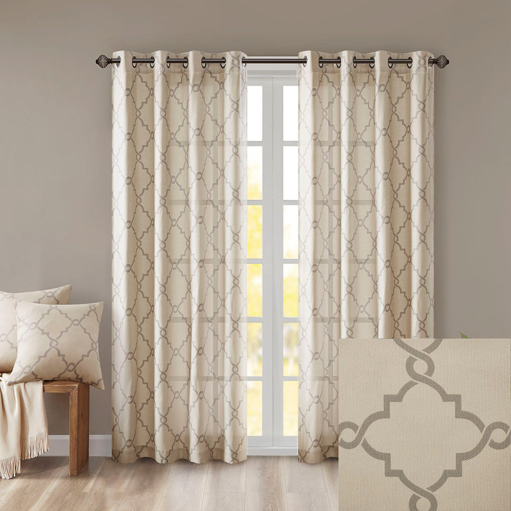 Fretwork Print Grommet Top Window Curtain Panel Only 1 Pc Panel Beige Grey Polyester