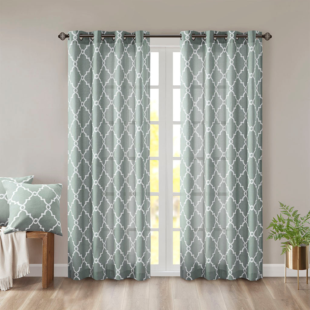 Fretwork Print Grommet Top Window Curtain Panel Only 1 Pc Panel Seafoam White Polyester