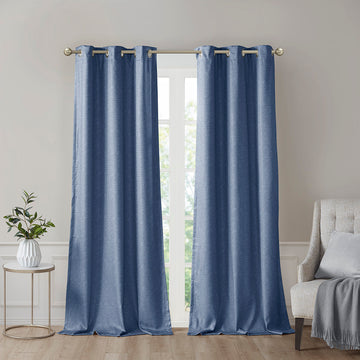 Tonal Printed Faux Silk Total Blackout Curtain Panel Pair 2 Pcs Window Panels Blue Polyester