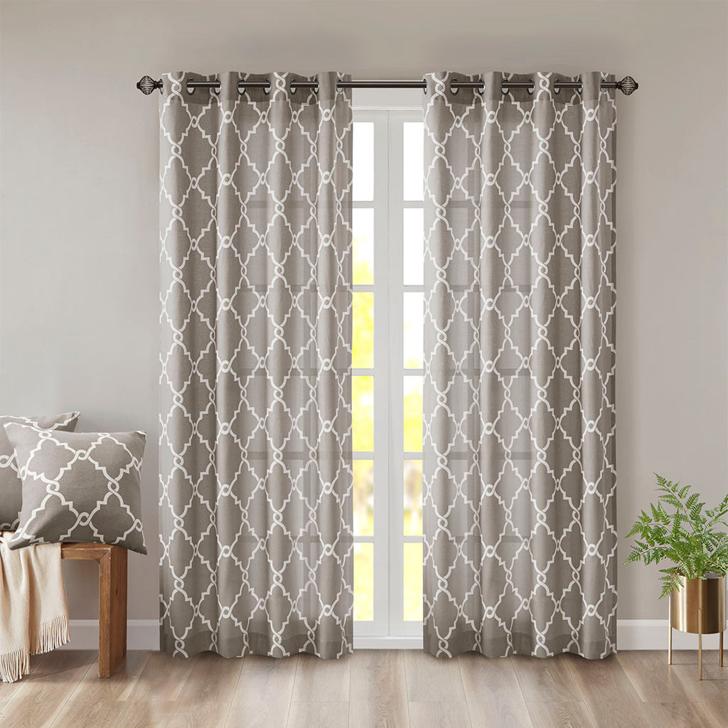 Fretwork Print Grommet Top Window Curtain Panel Only 1 Pc Panel Grey White Polyester