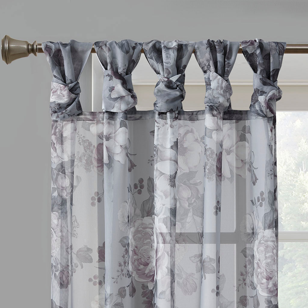 Printed Floral Twist Tab Top Voile Sheer Curtain Grey Polyester