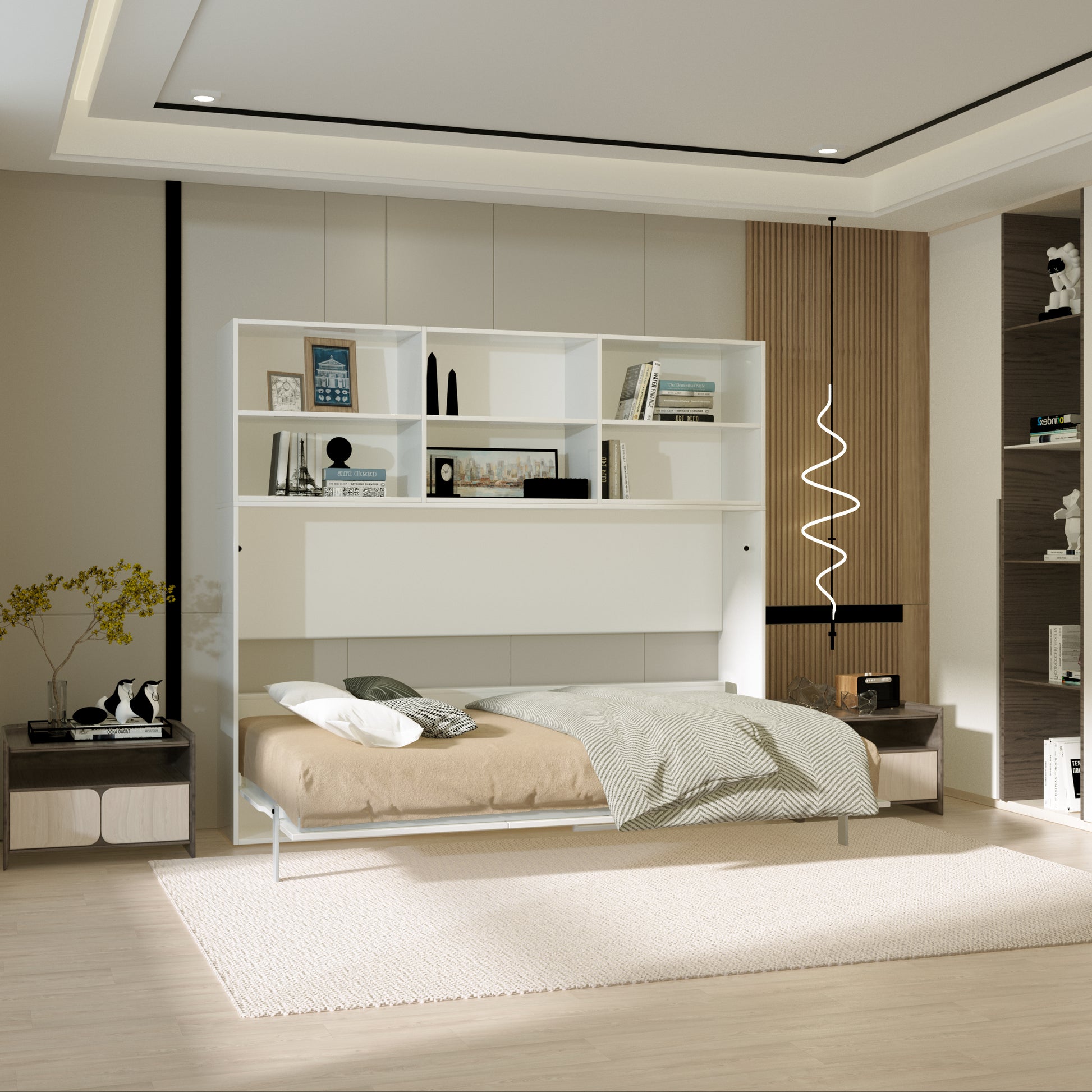 Mordern Design Twin Size Horizontal Murphy Bed With Shelf Storage For Bedroom Or Guestroom White Wall Bed Space Saving Hidden Bed With Style Gas Struts Box Spring Not Required Twin White Metal White Bedroom American Design,Cute,European,Modern Murphy