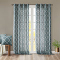 Fretwork Print Grommet Top Window Curtain Panel Only 1 Pc Panel White Blue Polyester