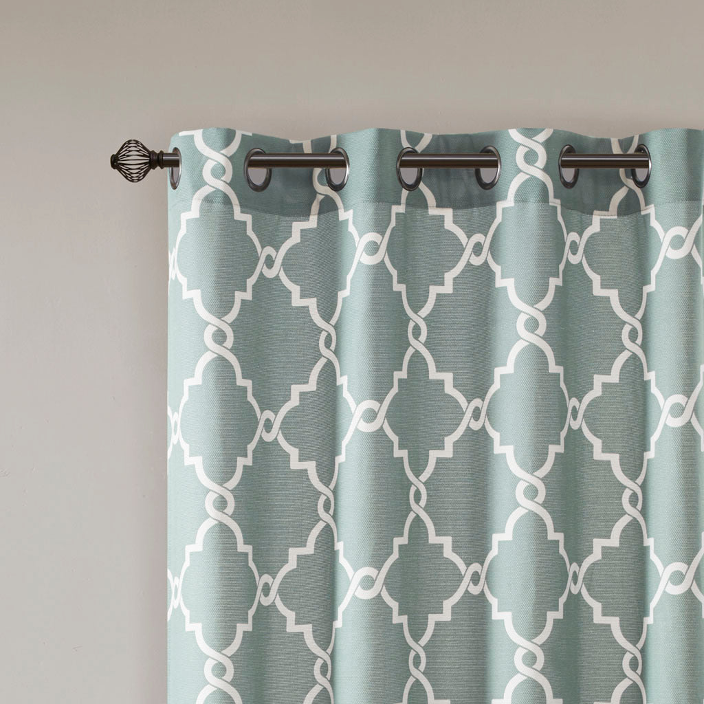 Fretwork Print Grommet Top Window Curtain Panel Only 1 Pc Panel Seafoam White Polyester