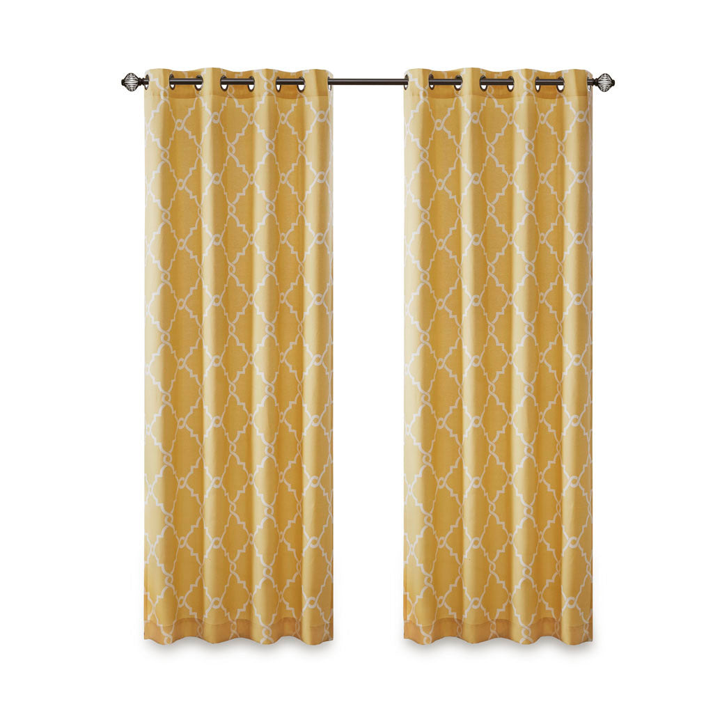 Fretwork Print Grommet Top Window Curtain Panel Only 1 Pc Panel Yellow White Polyester