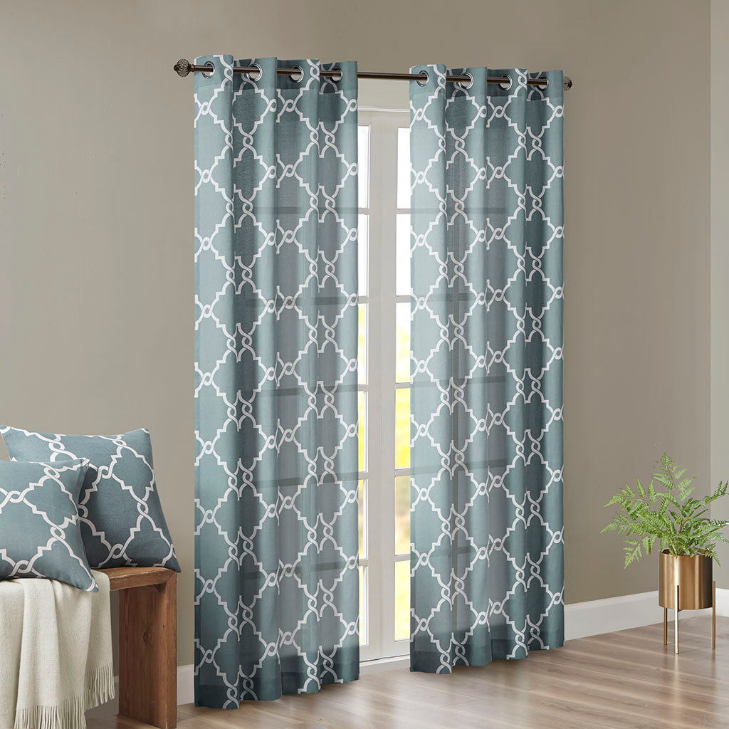 Fretwork Print Grommet Top Window Curtain Panel Only 1 Pc Panel White Blue Polyester