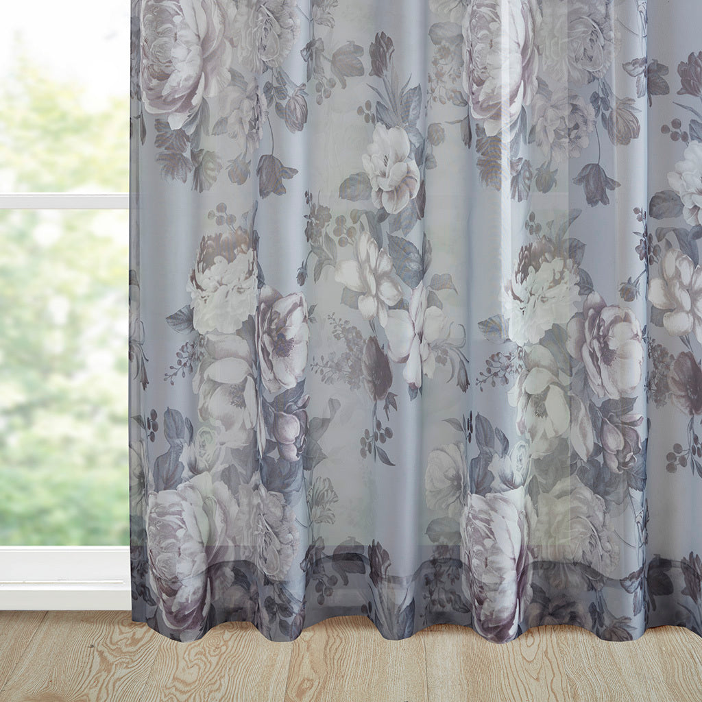 Printed Floral Rod Pocket And Back Tab Voile Sheer Curtain Only 1 Pc Panel Grey Polyester