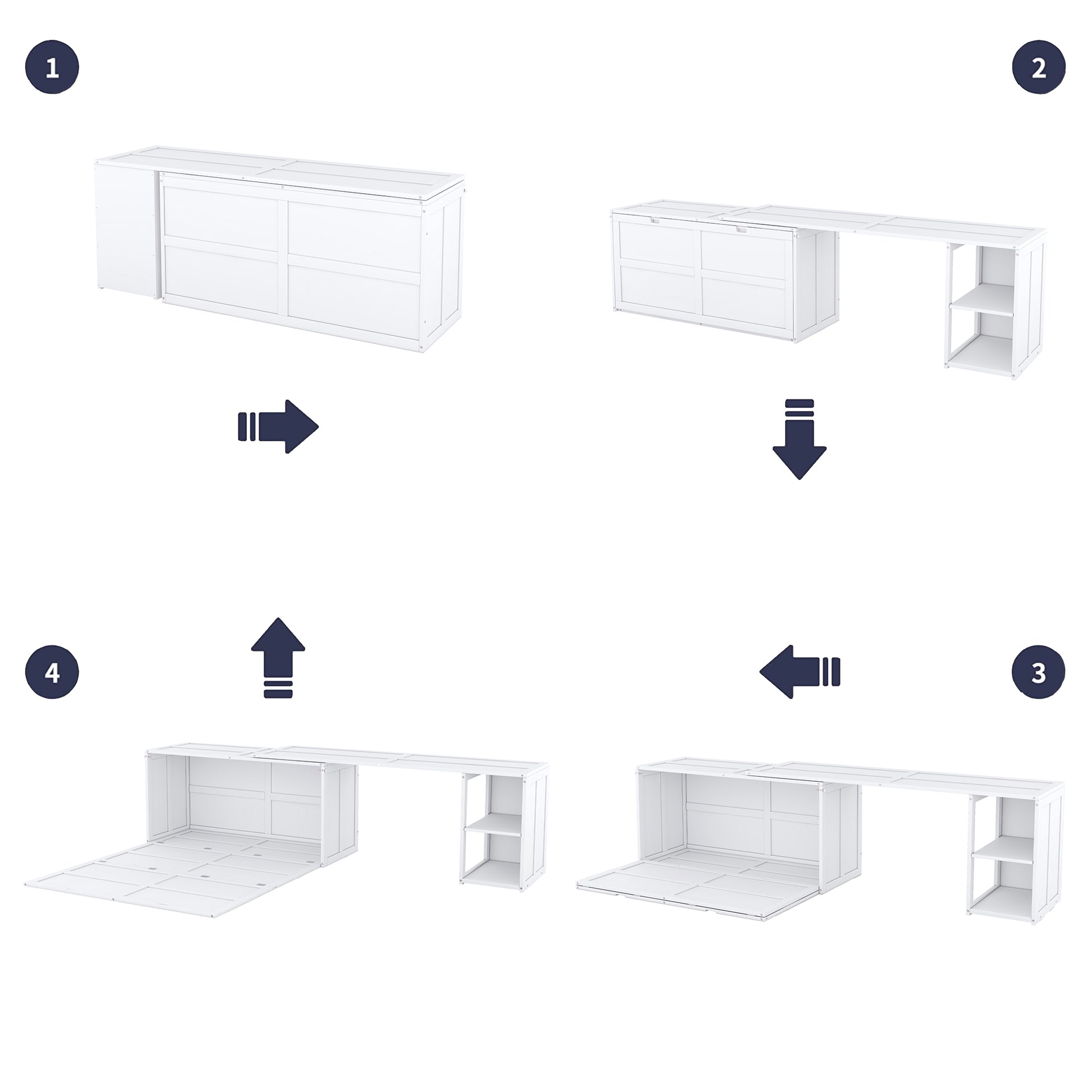 Queen Size Murphy Bed With Rotable Desk, White Box Spring Not Required Queen White Wood Bedroom Pine Bed Frame Solid Wood Mdf