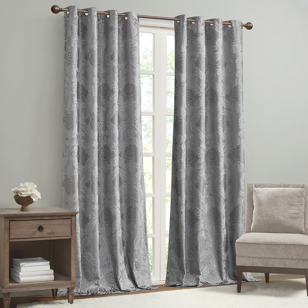 Knitted Jacquard Paisley Total Blackout Grommet Top Curtain Panel Only 1 Pc Panel Grey Polyester