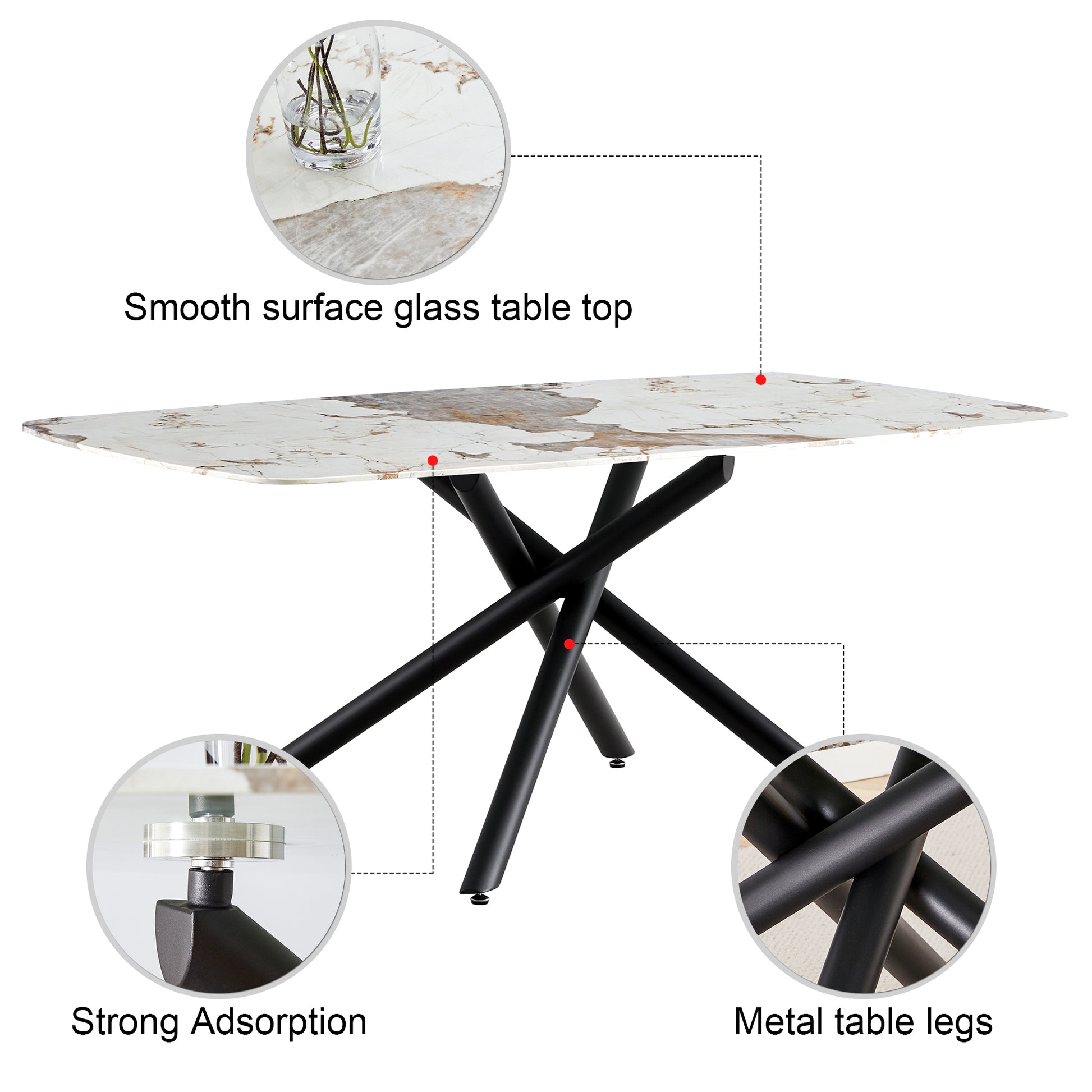 Large Rectangular Imitation Marble Dining Table, 6 8 Seats, 0.39 "Black Artificial Marble Countertop, Smooth Chrome Legs, Sleek Chrome Legs. Perfect For Kitchen, Dining, Living, Meeting, Banquet 1537 White Black Glass