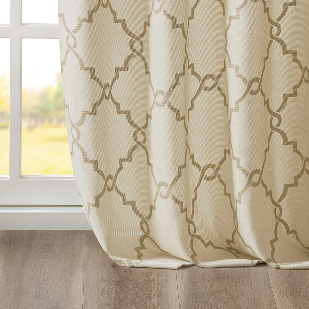 Fretwork Print Grommet Top Window Curtain Panel Only 1 Pc Panel Beige Gold Polyester